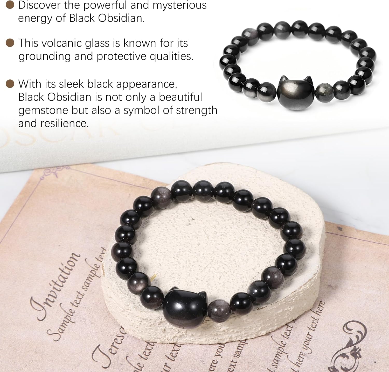 Attraction Cat Bracelet Crystal Black Cat Bracelet Black Obsidian Women Bracelets Natural Stone Beaded Bracelets Cute Protection Stretch Jewelry Good Luck Jewelry for Women Men - Image 3