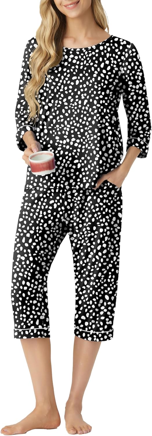 PrinStory Women’s Pajama Set Capri Pjs Sets 2 Piece Soft Lounge Sets Sleepwear with Pockets