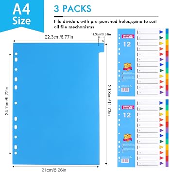 File Dividers A4, 12 Part Folder Dividers, 3 Pack Pre-Punched Leverl Arch Folder in Assorted Colours, Plastic Binder Dividers (Color tabs)