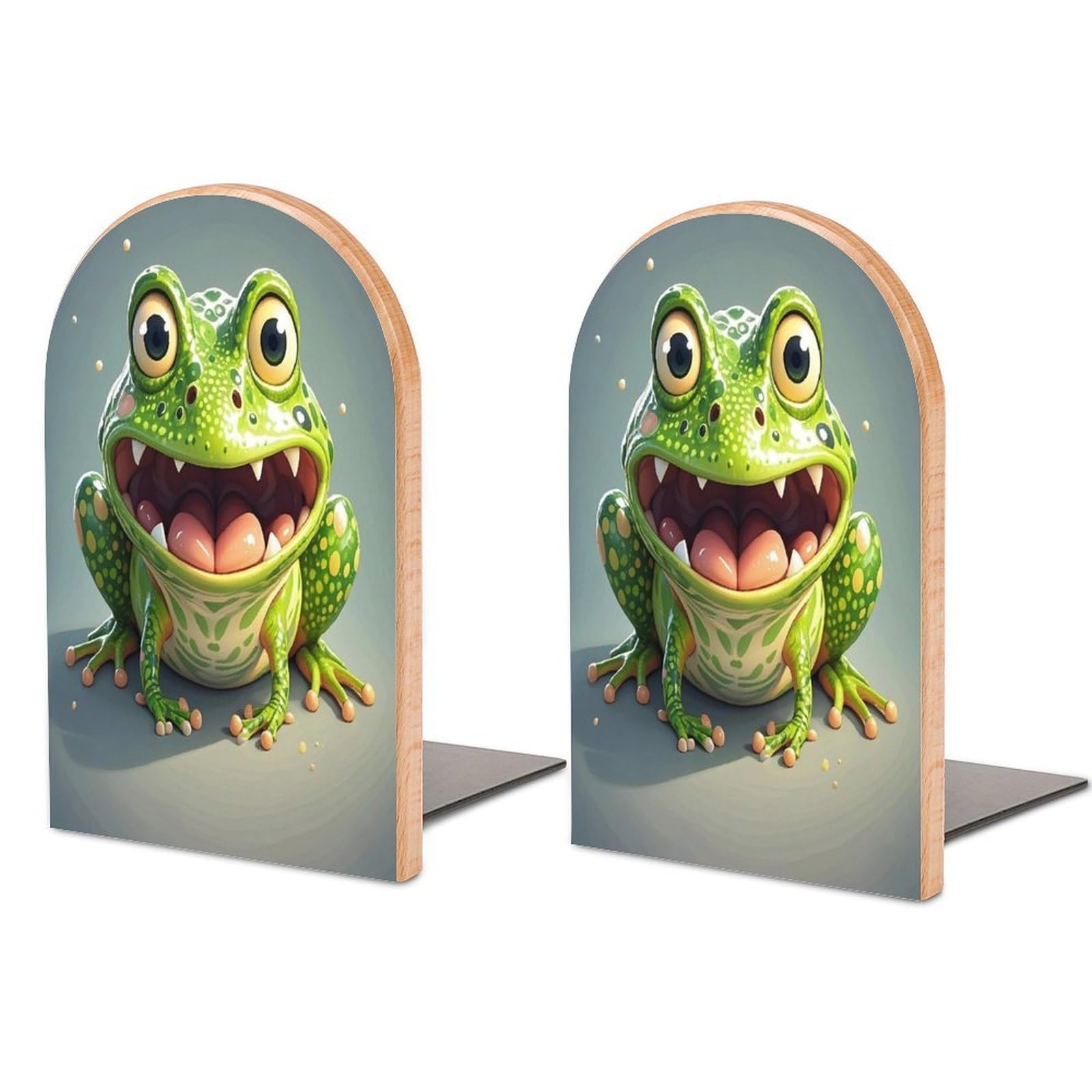 Frog with Mouth Open Bookend for Shelves Wooden Book End Sturdy Book Holders Stoppers with Metal Base for Bookshelves Slick Decorative Bookends Stands