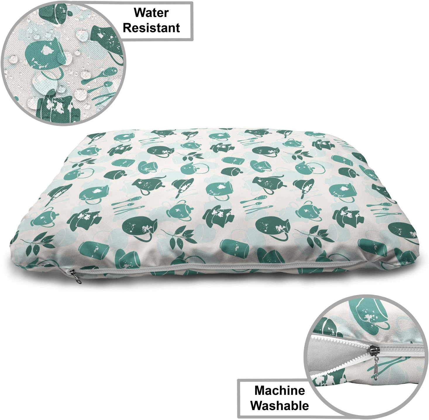 review Lunarable Tea Party Pet Bed, Mugs and Kettles Traditional Elements in Teal Tones Grunge Effect, Chew Resistant Pad for Dogs and Cats Cushion with Removable Cover, 24