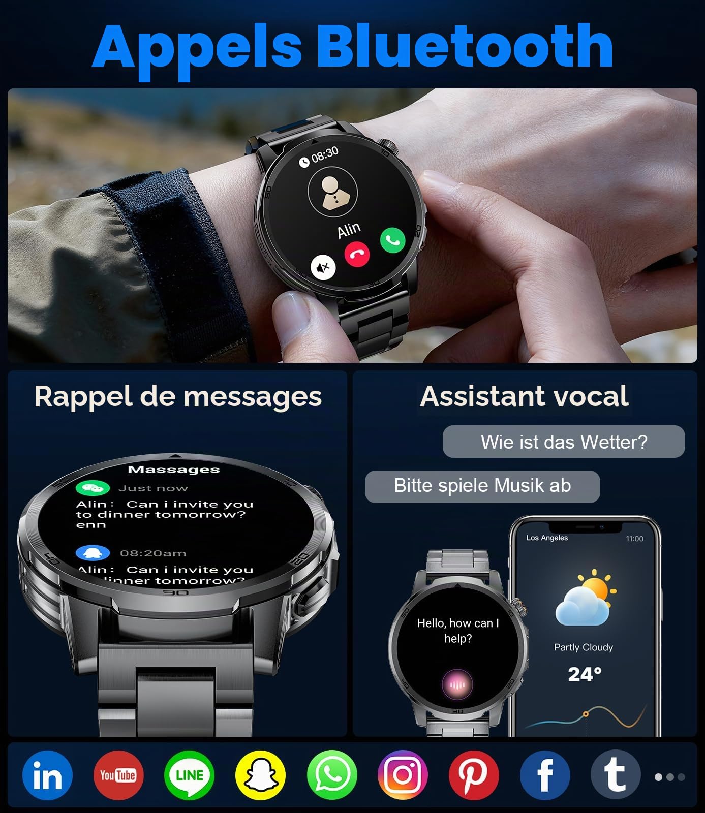 Montre Connectée Homme avec 1000mAh, LED Torche, 1,85" Grande Écran Smartwatch avec Appel Bluetooth, 100+ Sportmodi, IP68 Étanche, Fréquence Cardiaque, Moniteur de Sommeil pour iOS Android
