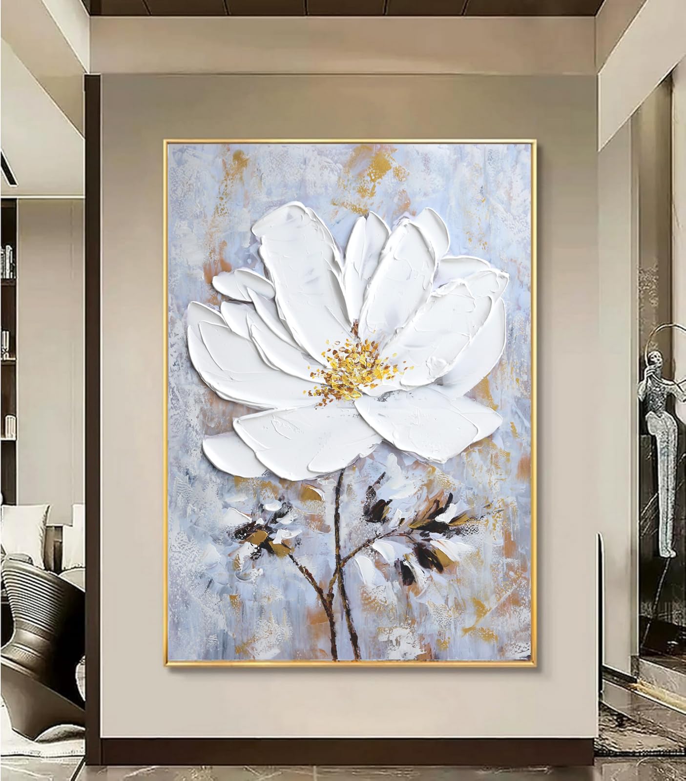 Photo 1 of **Has damage*** Large Hand Painted Flower Oil Painting for Ofiice-3D White Floral Canvas Wall Art for Bedroom- Framed Modern Artwork for Living Room Home Decoration 32x48inches