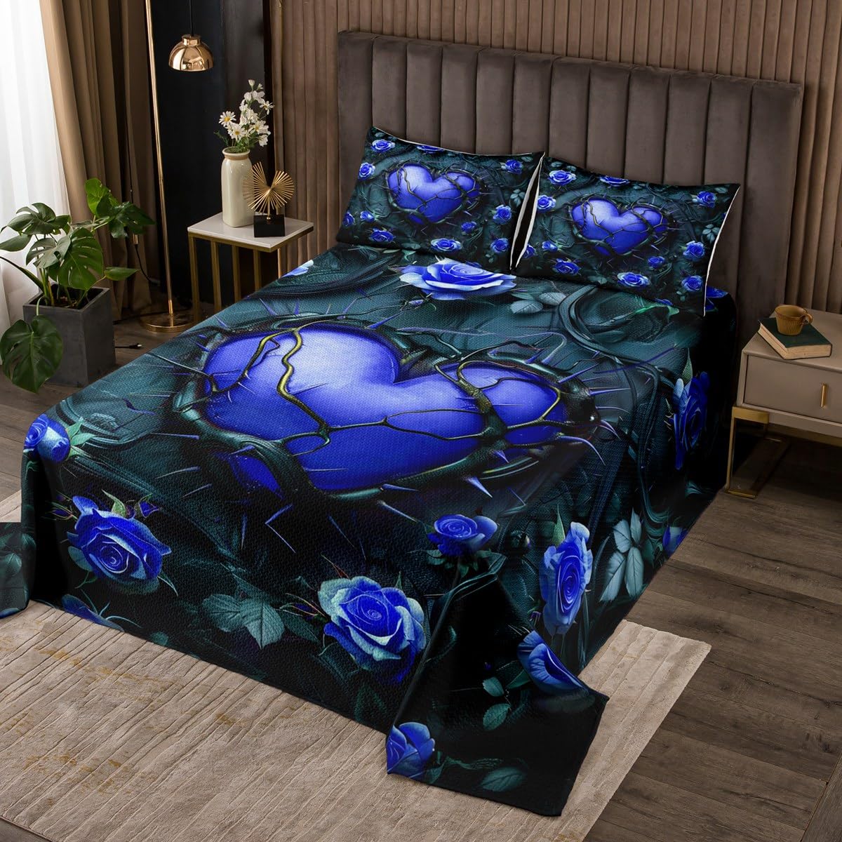 Manfei Love Heart Kids Bedspread King Size,Roses Flowers Dead Branches Trippy Coverlet Set,Boys Girls Room Decor,Psychedelic Halloween Theme Quilted Coverlet,Blue Black Bedding Quilt,2 Pillowcases