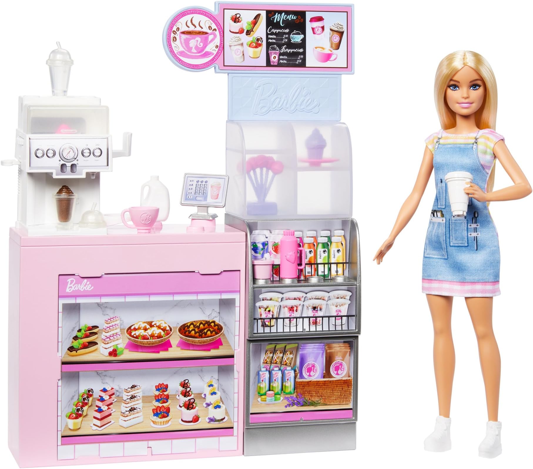 Barbie Coffee Shop Playset with Blonde Barista Doll & 12+ Accessories Including Coffee-Smoothie Maker, Food, Cups & More, HXN94