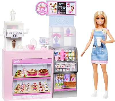 Barbie – Caffetteria, playset con bambola barista bionda e 12+ accessori a tema inclusi, tra cui macchina per caffè e frullati, tazze e cibo, giocattolo per bambini, 3+ anni, HXN94