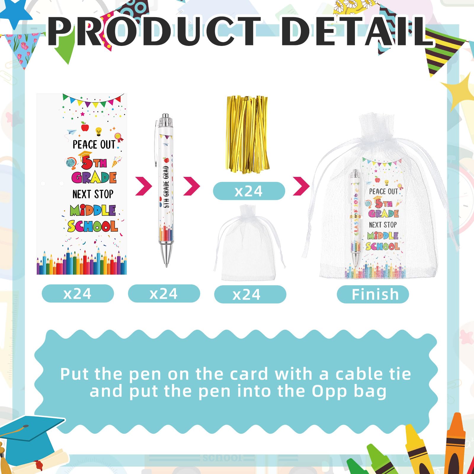 Sayglossy 24 Set 5th Grade Graduation Gifts Bulk Class of 2026 Ballpoint Pens with Inspirational Greeting Cards Fifth Grade Graduation Party Favors for Students (White)
