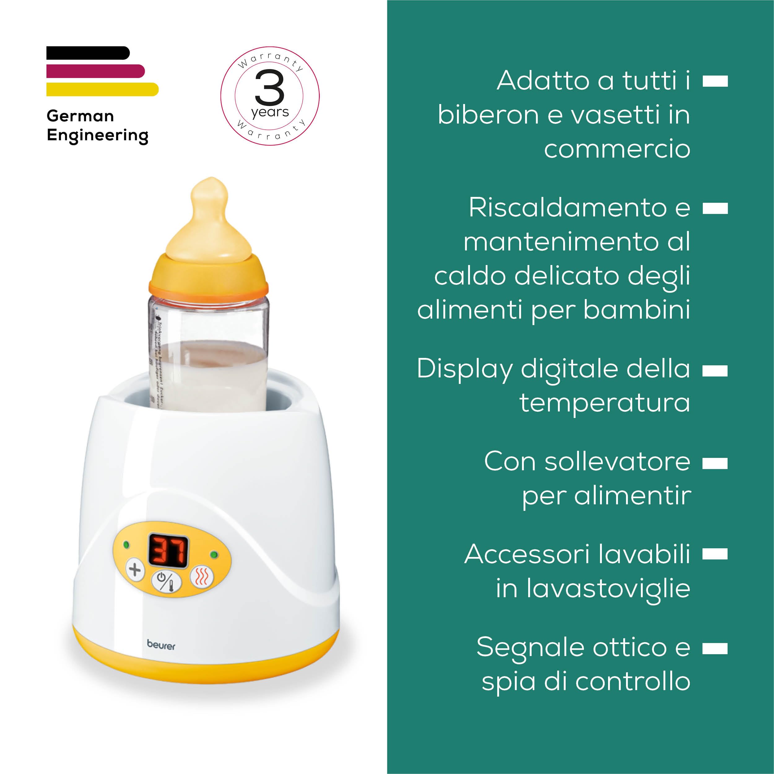 Beurer BY 52 Scaldabiberon e Scaldapappe 2in1 con Display Digitale, Riscaldamento Uniforme e Delicato, Funzione Mantenimento Calore 35–85 °C, Adatto a Tutti i Biberon e Vasetti, Spegnimento Automatico