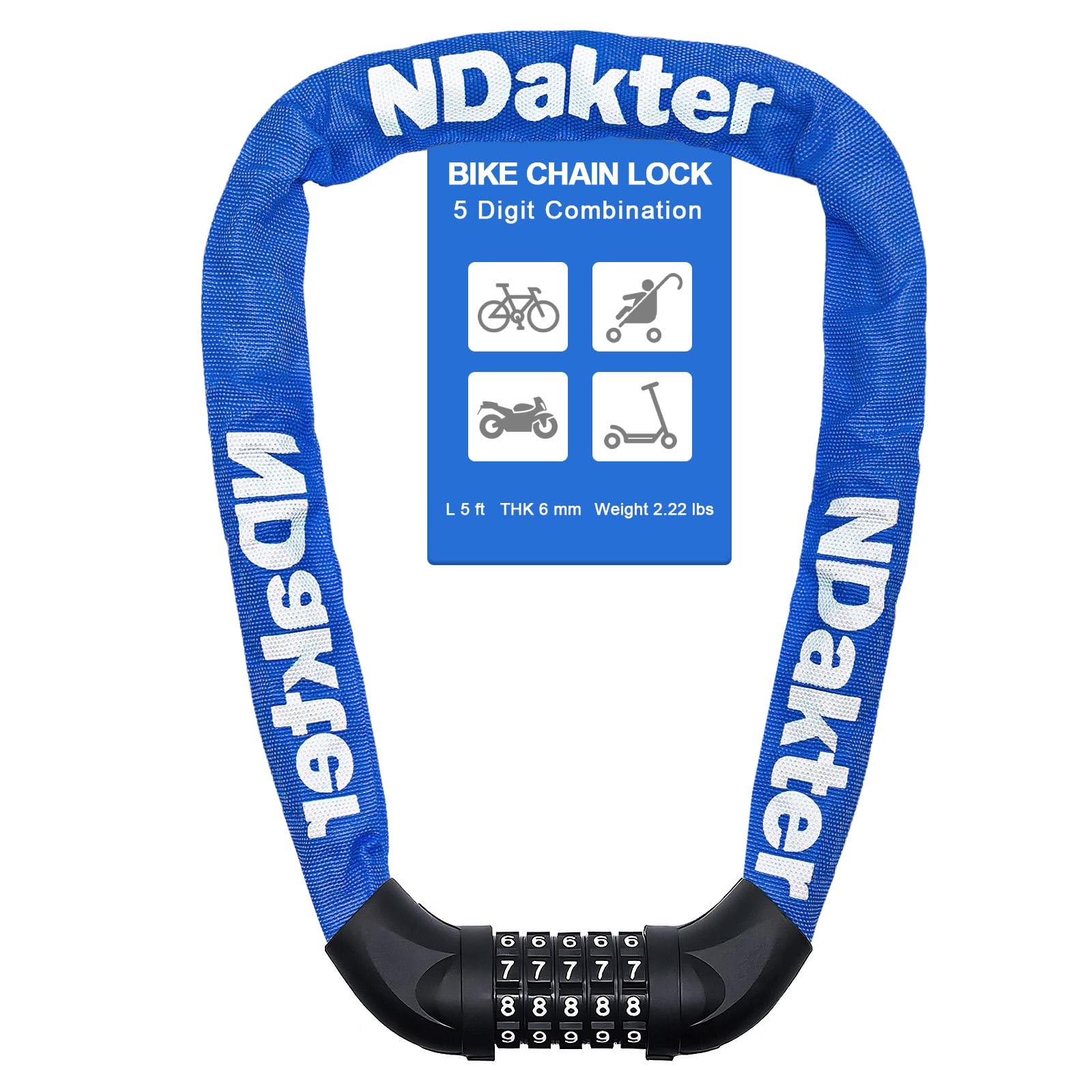 NDakter Bike Lock, 5 Digit Combination Heavy Duty Anti Theft Bicycle Chain Lock, 2.62/3.2/4.27/5/6Ft Long, High Security Resettable, Suitable for Bike, Scooter, Door, Gate, Fence-4/6mm Thick