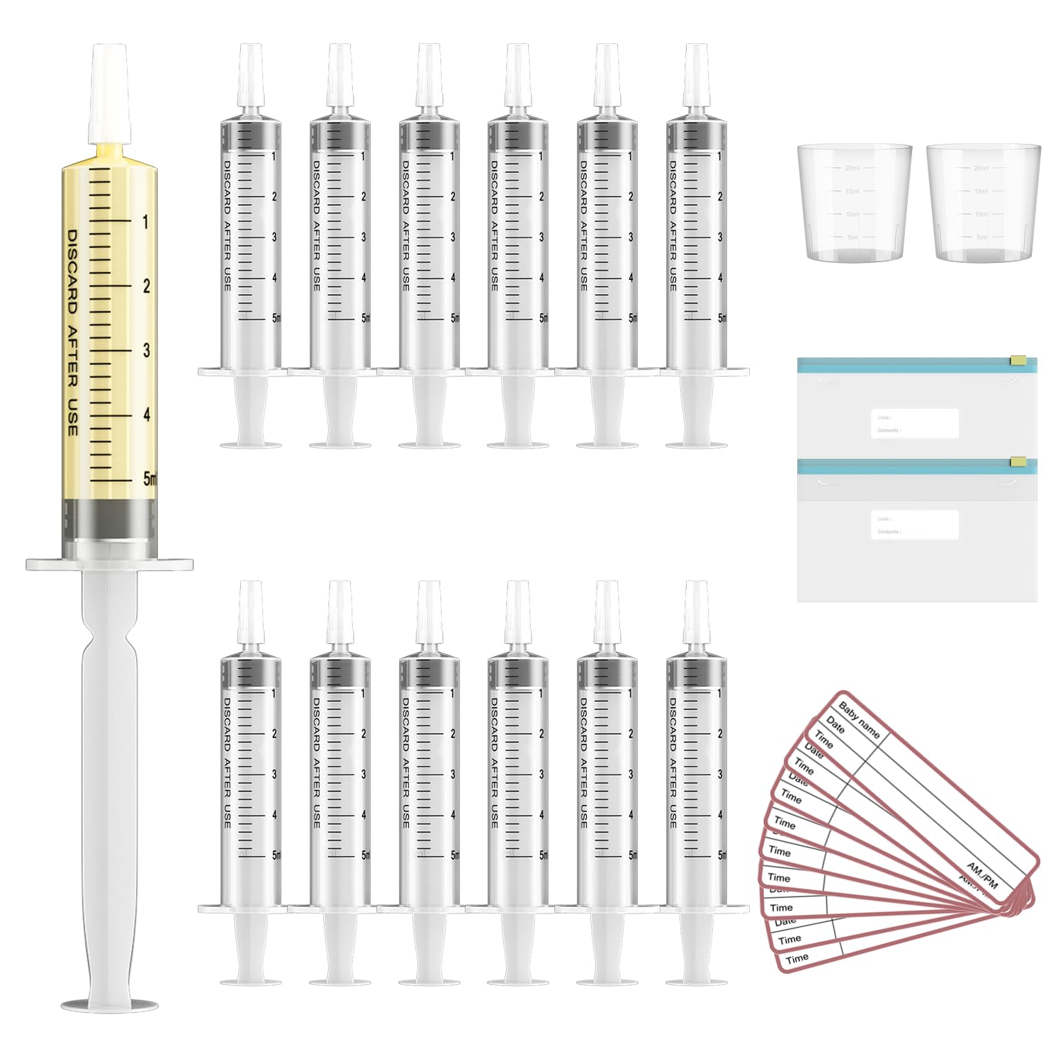 Photo 1 of 20 Sets 5ml Colostrum Collector with Caps, Colostrum Collection Kit Includes 20pcs Sterile Colostrum Syringes, 2 Measuring Cup, 2 Storage Bags, 20 Labels (Breast Milk Syringe without Needle)