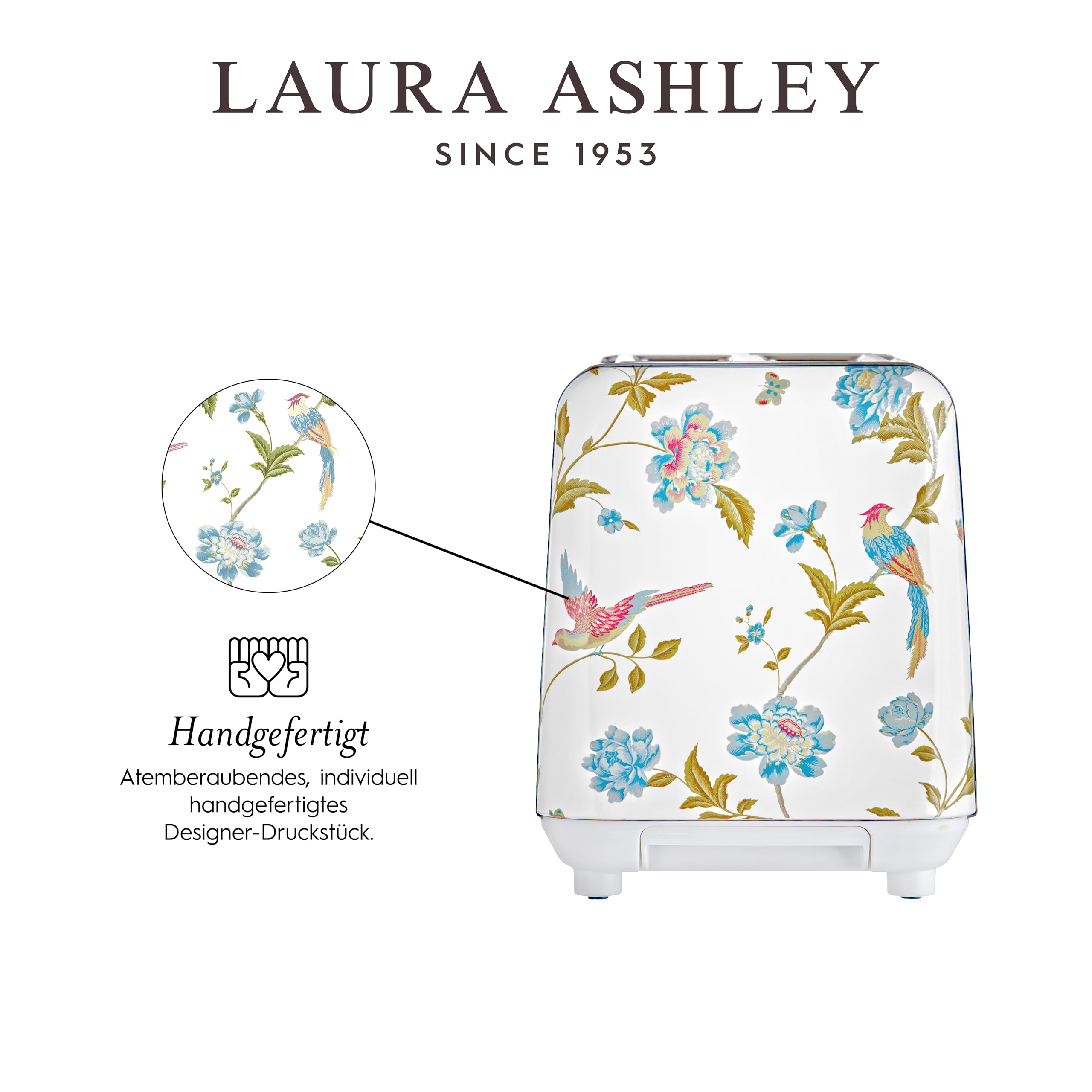 VQ Laura Ashley 2-Scheiben-Toaster mit einstellbaren Heiz-, Auftau- und Aufwärmmodi - Edelstahl Vintage-Toaster mit Aufsatz zum Aufwärmen von Croissants - Elveden White