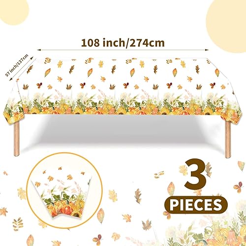 Miniatura 2 de PARSUP 3 manteles desechables de Acción de Gracias, 108 x 54 pulgadas, diseño de otoño, diseño de calabaza, hojas de arce, mantel de plástico