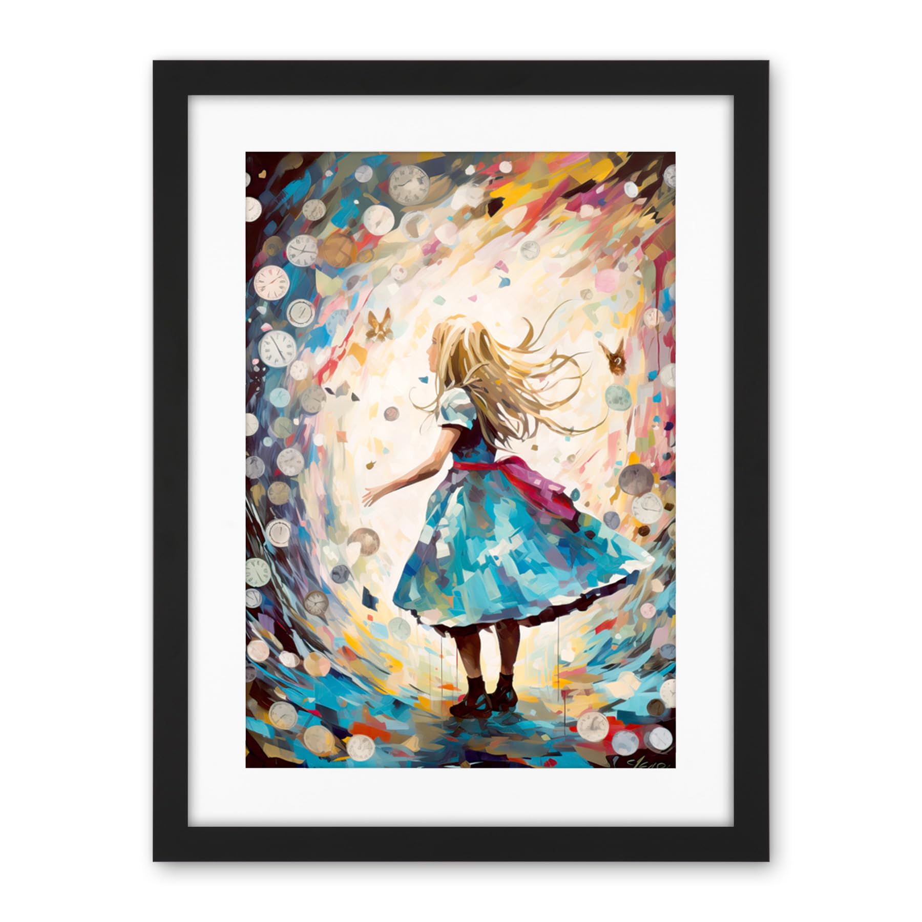 Artery8 Alice in Wonderland Clocks Down the Rabbit Hole Artwork Framed Wall Art Print 18X24 Inch
