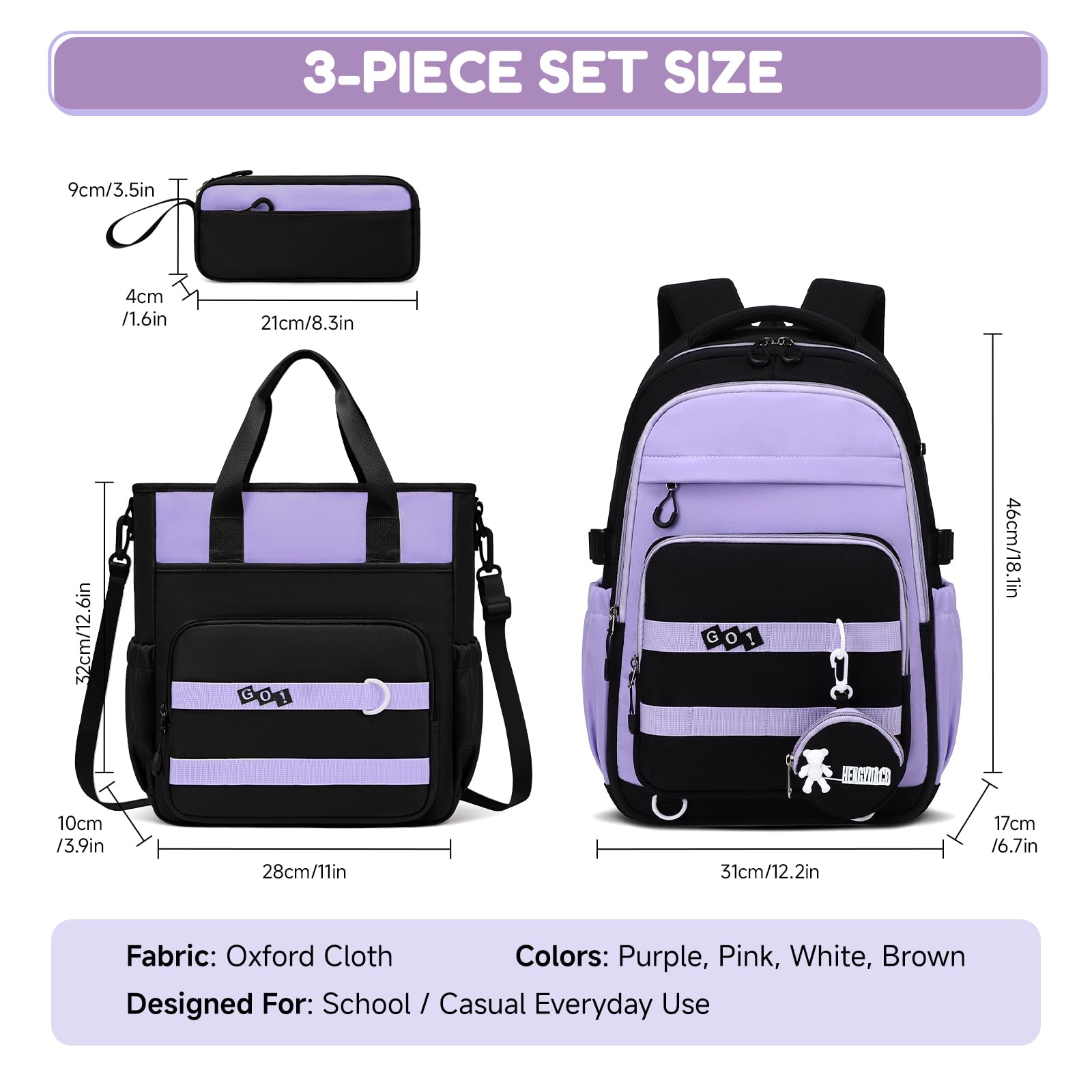 Amythe Sac à Dos Fille Collège, Ensemble de Cartable Léger, Violet