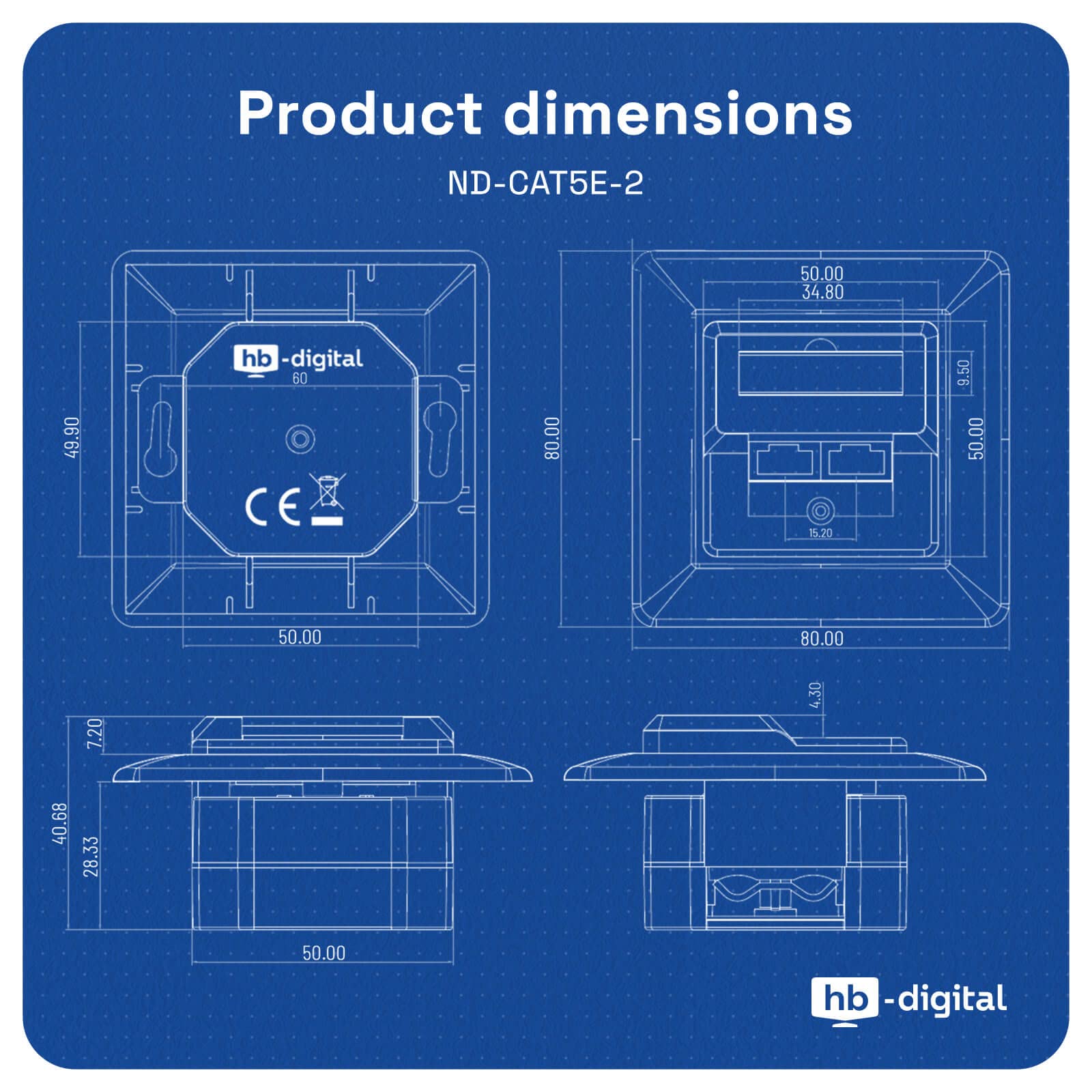 HB-DIGITAL - 10 enchufes de red con 2 conectores RJ45 cada uno, para cables de instalación CAT.5e, CAT.5 CAT 5e, EIA/TIA 568A&B 8P8C, color blanco