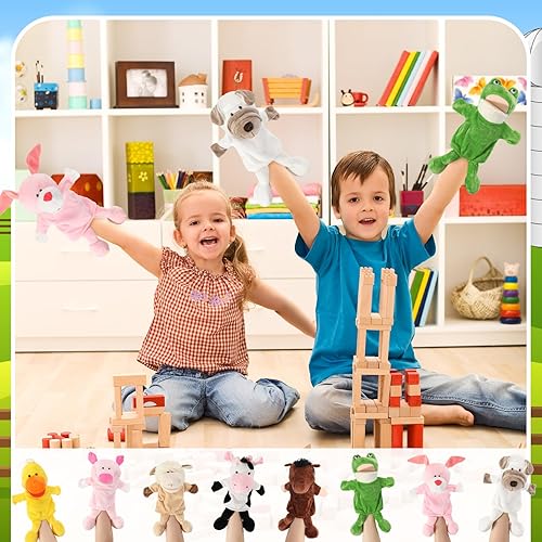 Miniatura 6 de 9 marionetas de mano de animales con boca abierta y movible de 11.8 a 13.8 pulgadas, animales de peluche suaves de animales de granja safari,