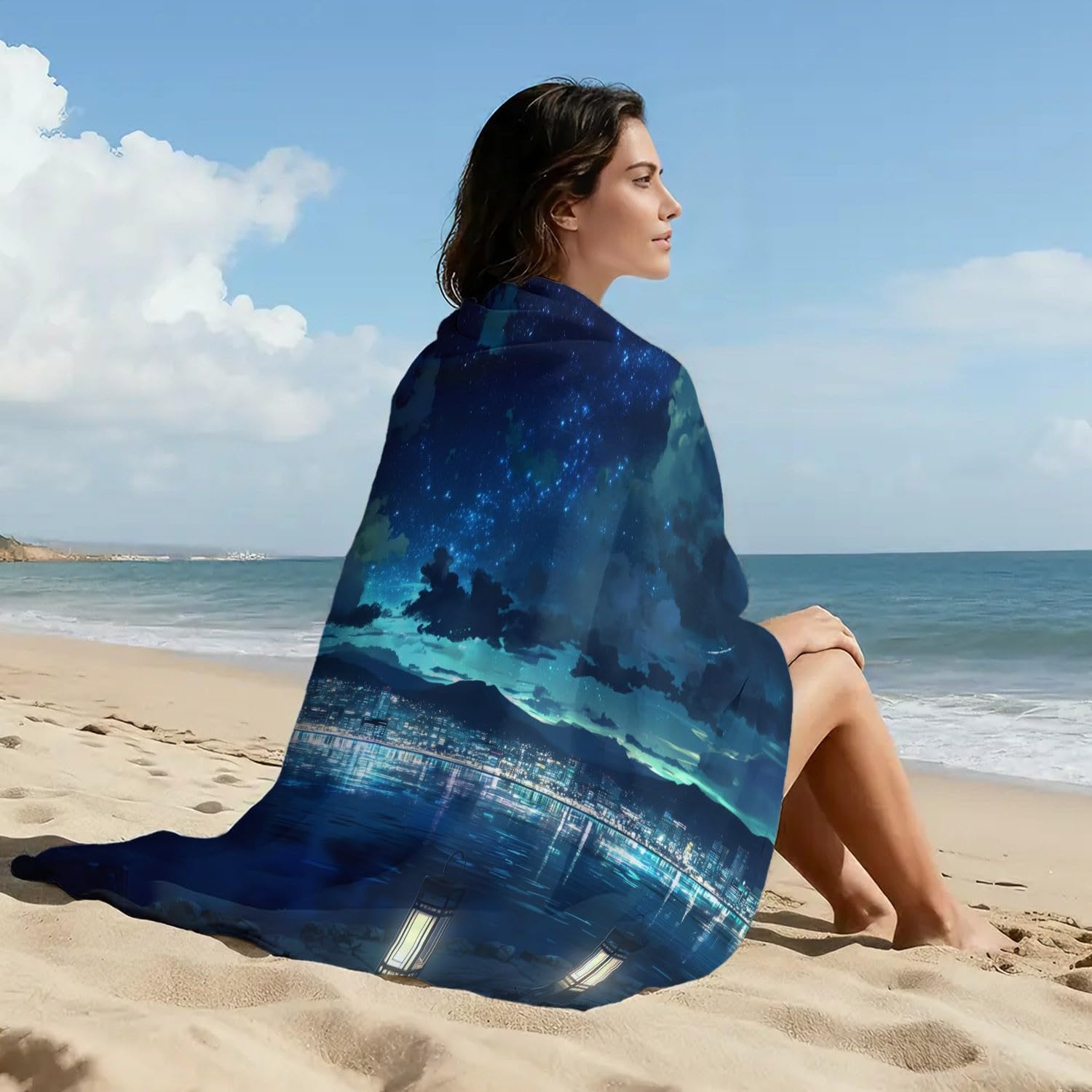 Sommer, Strand, Klar, Urlaub, Haustiere Strandtuch 200 x 145 cm – Saugfähiges Schnell trocknendes Strandtuch Welpe im gestreiften Badeanzug, Strand, Seesterne für Campen, Picknick, Ausflüge