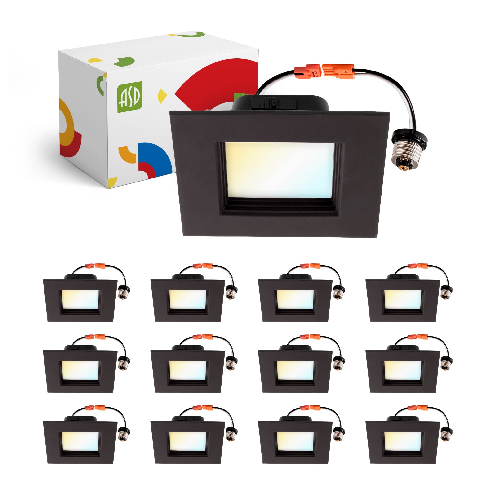ASD Bronze 4 Inch Retrofit LED Square Recessed Lighting - 9W 709LM 2700/3000/3500/4000/5000K Selectable Dimmable LED Downlight, Wet Rated CRI90 Baffle Trim Square Can Lights, UL 12 Pack