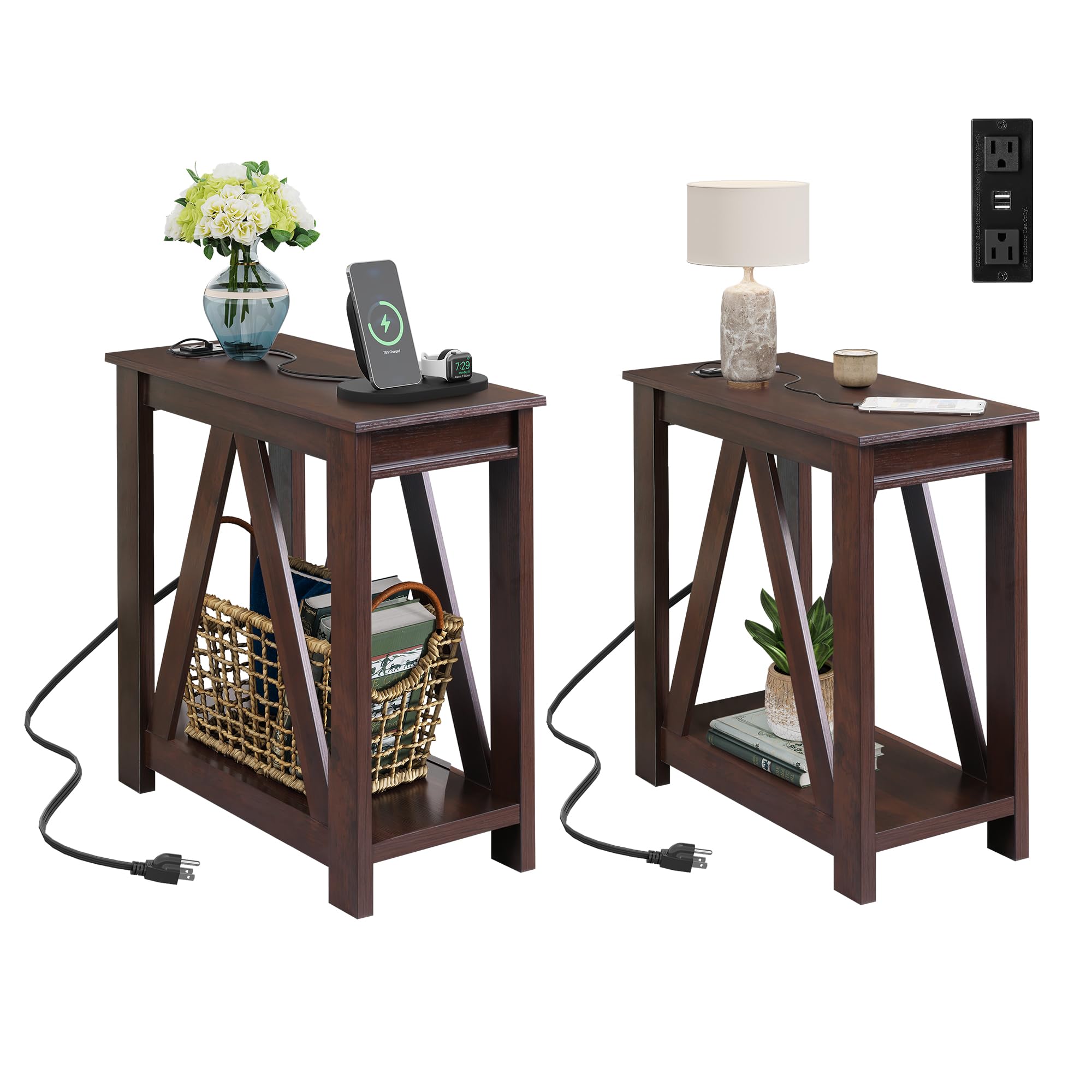 WLIVE End Tables Living Room Set of 2 with Charging Station, Sofa Side Tables with Open Storage Shelf, Slim Farmhouse End Table Sets, Espresso