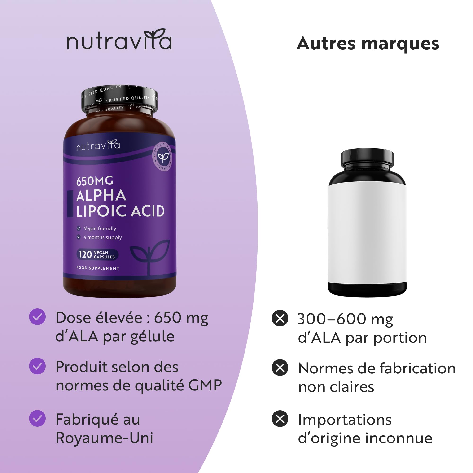 Acide Alpha-Lipoïque 650 mg − 120 Gélules Entièrement Végétales très Puissantes − 100% Naturelles, sans Agent de Remplissage Synthétiques − Provision de 4 Mois − Fabriqué au Royaume-Uni par Nutravita
