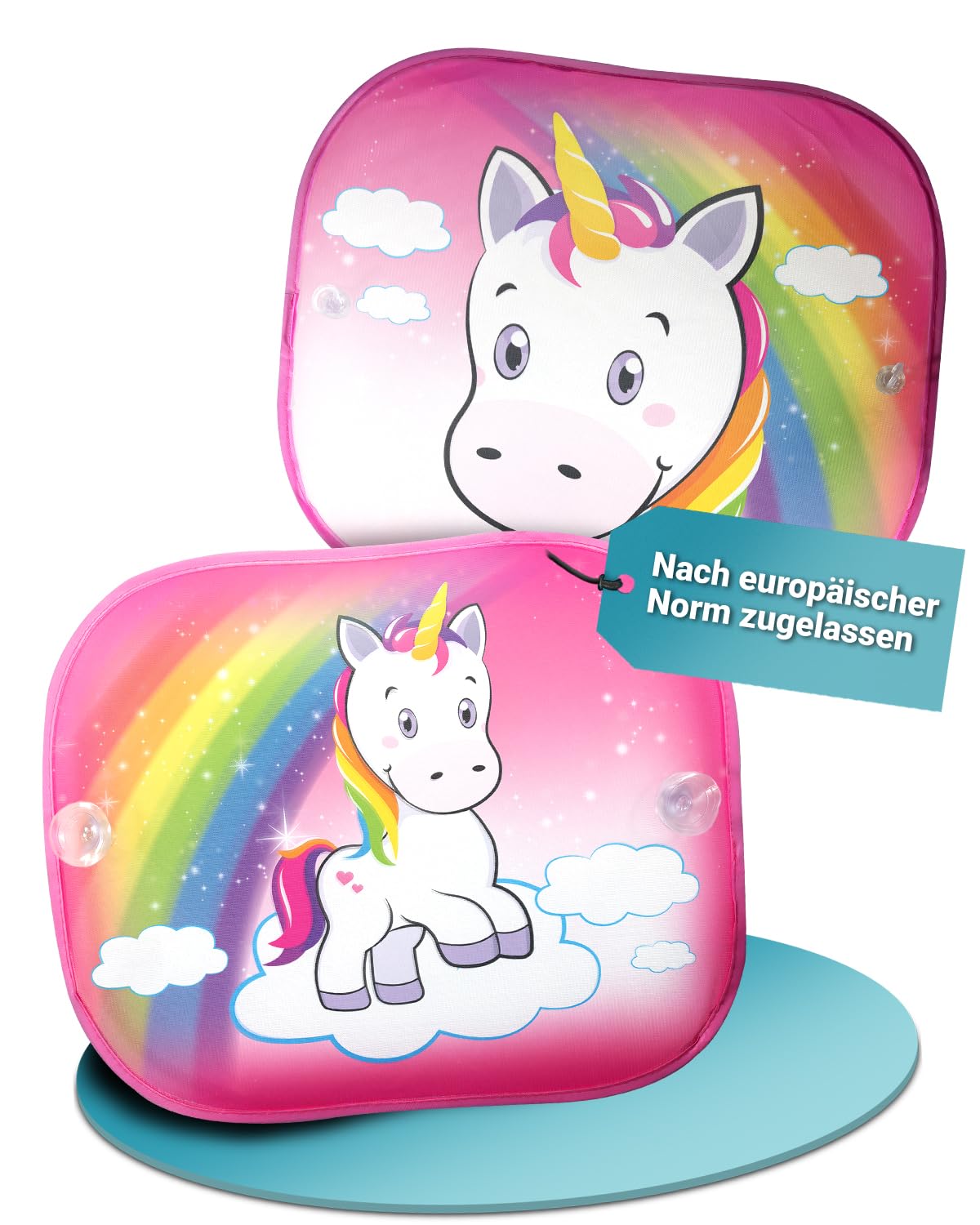 HiTS4KiDS 2 x Sonnenschutz für Seitenscheiben (Siggi Einhorn) – Befestigung mit Saugnäpfen – Effektiver Sonnenschutz Auto Kinder – UV Schutz Auto – Universell passender Sonnenschutz Auto