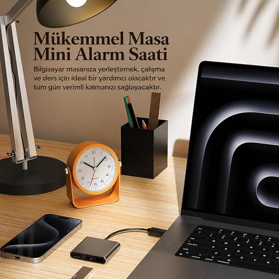 Valkyrie Sessiz Çalışan Mini Masa Saati | Akıcı Mekanizma, Gece Işıklı, Şık Dekoratif Sarı