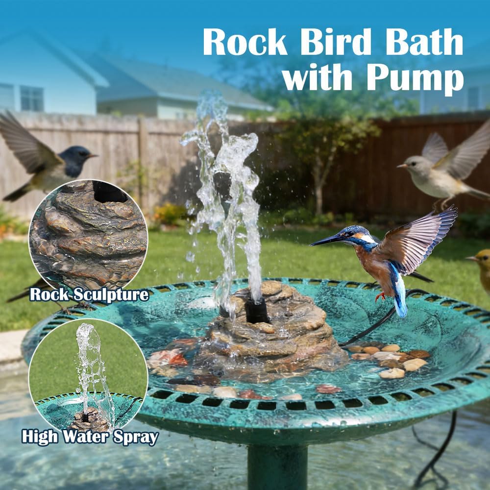 Bird Bath Fountain, Resin Granite with 9.8ft Long Wired Pump for Outdoor Garden Patio Decor, Rock Water Feature Fountain for Hummingbird Birdbath Aquariums and Fish Tank (Brown)