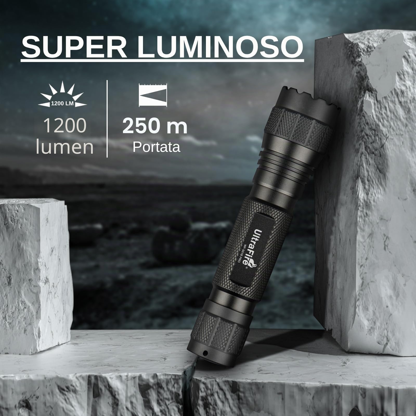UltraFire Torcia tattica con fondina, torcia LED a 1200 lumen a singola modalità per forze dell'ordine con supporto per cintura, batteria ricaricabile e caricatore, piccola torcia WF-501B PRO