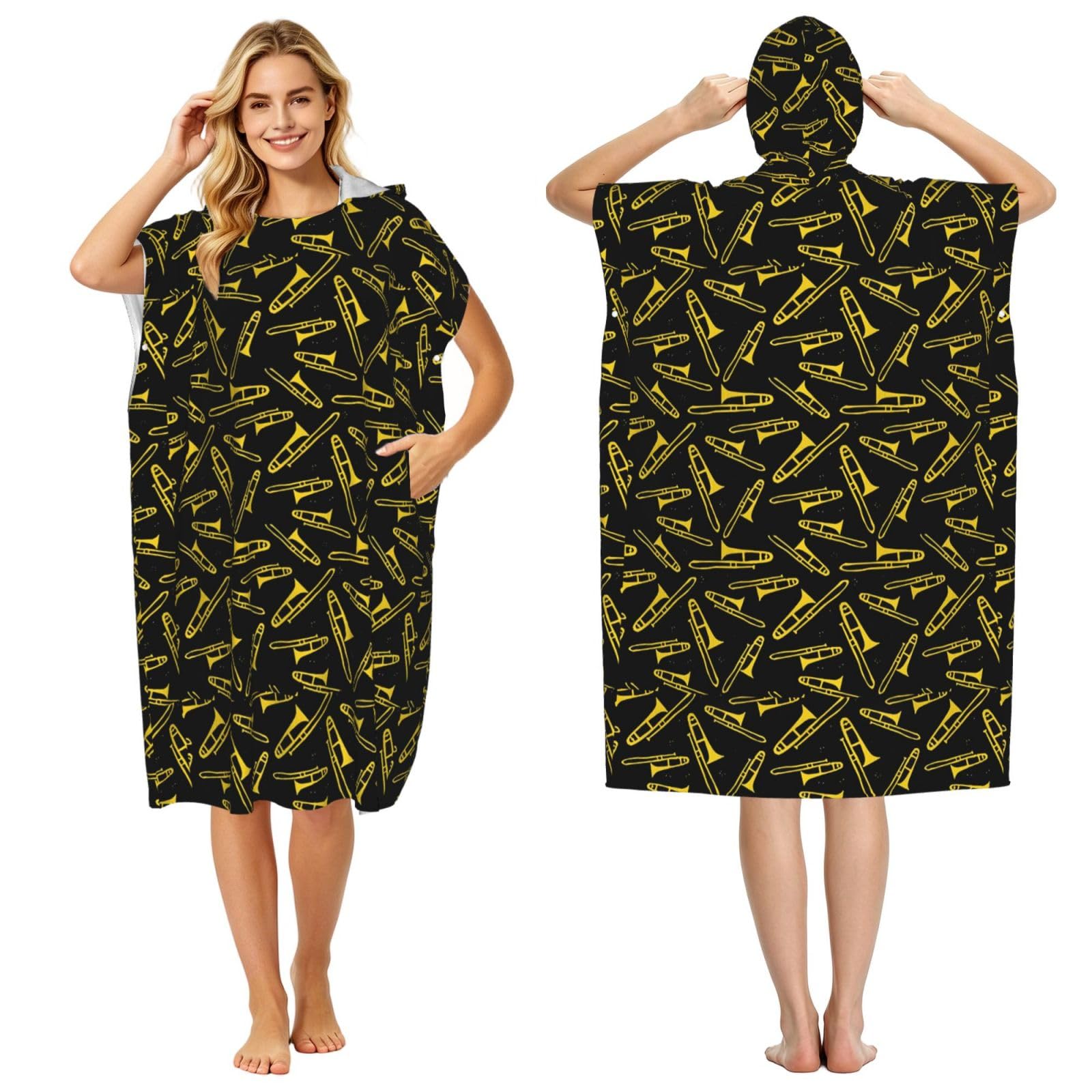 Poadnly Black And Yellow Trombone, Adult Hooded Beach Towel 90 x 110 cm,Changing Bath Robe, Surf Poncho Towel For Women Men