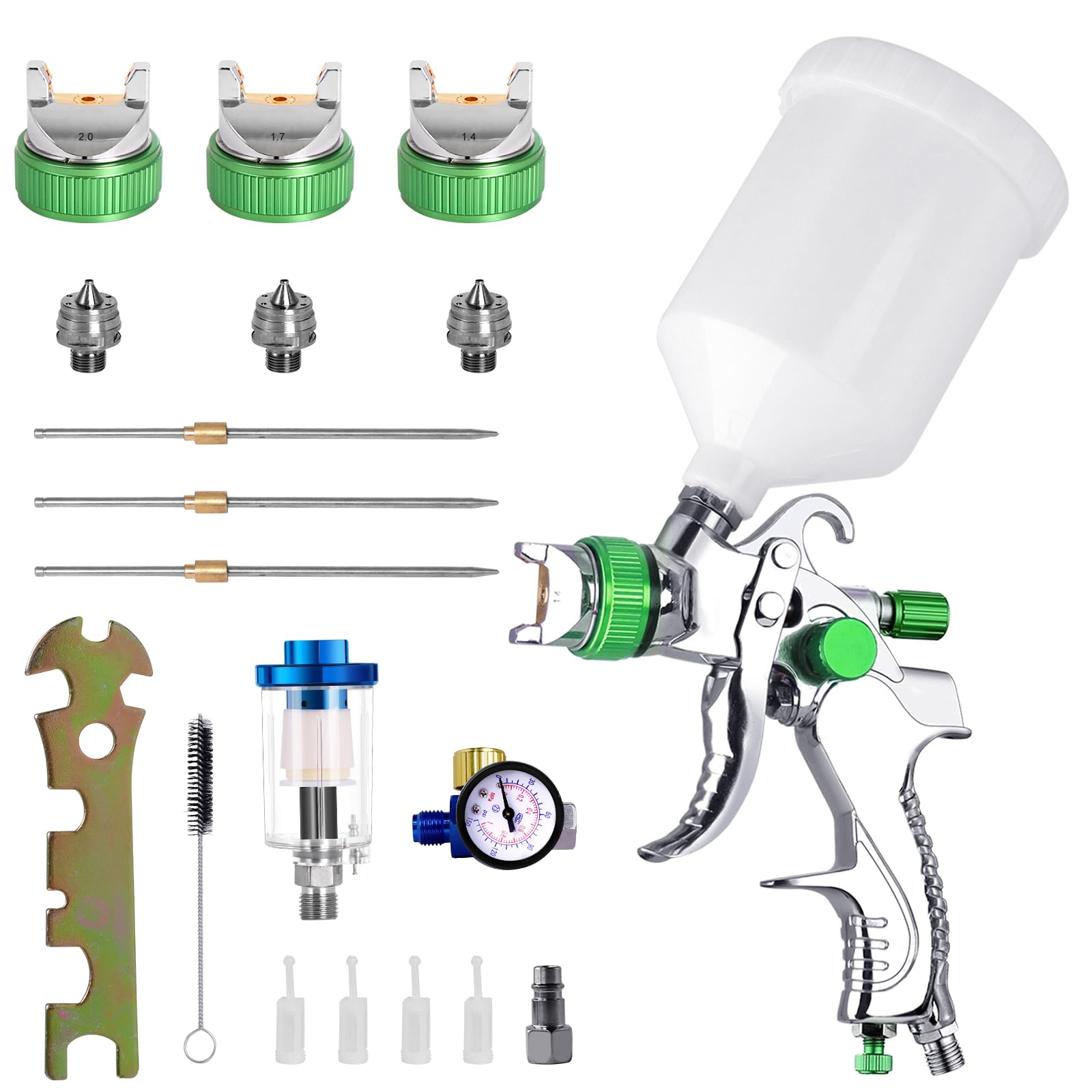 LVLP Lakpistool, persluchtset, premium spuitpistool met 1,3/1,7/2,0 mm sproeiers, 650 ml verfreservoir en 10 wegwerpverfbekers, lakpistool voor auto, meubels en doe-het-zelvers