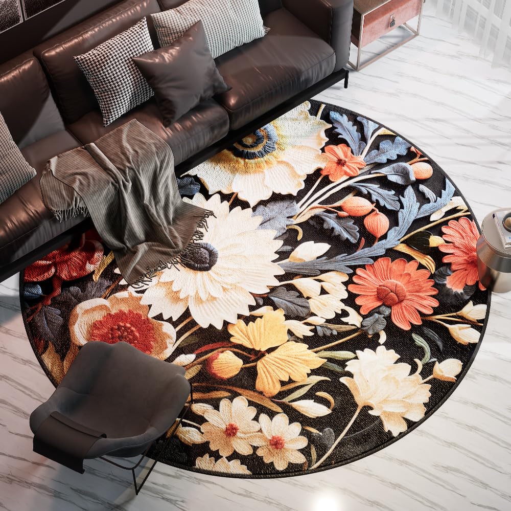 Tapis rond salon grand format Ø 170 cm rétro haute densité pour chambre et dortoir
