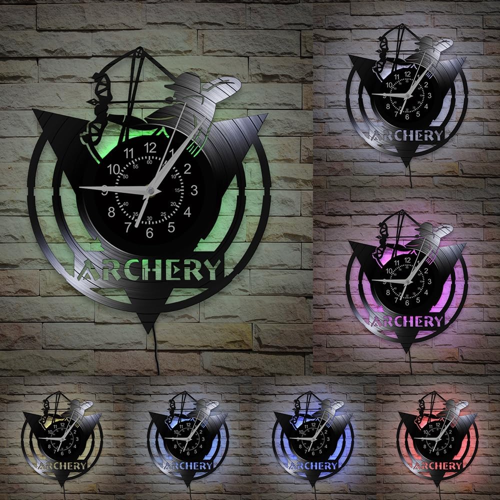 Archery Club Wall Clock, 12 Inch 7 Colors LED Night Light Wall Lamp Clock, Silent Quartz Non Ticking Modern Decorative Vinyl Record Wall Clock Watch for Archery Range Archer Coach Gifts