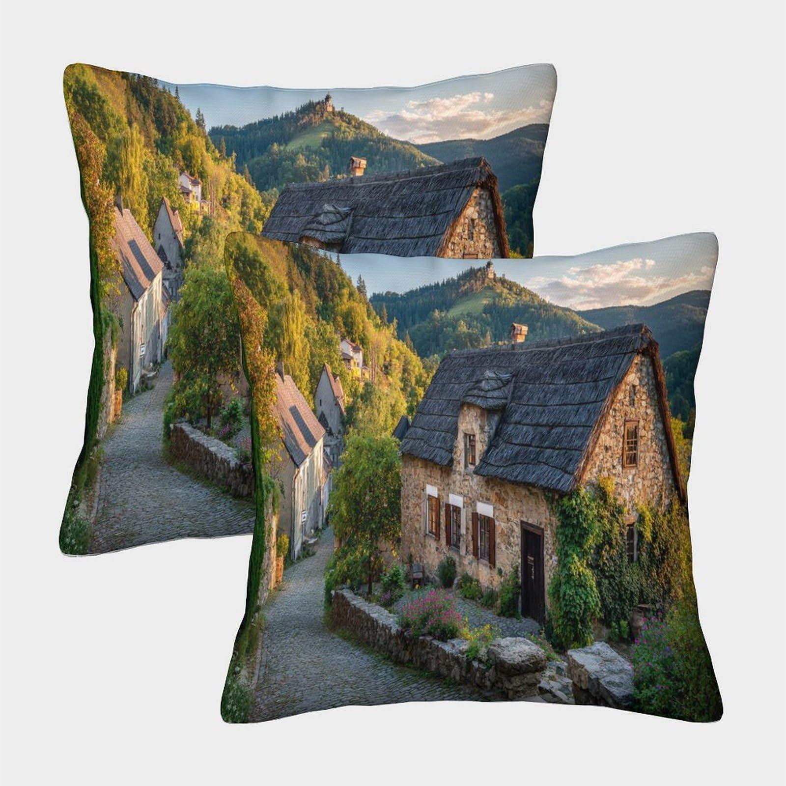 kaiyun 2 Pack Throw Pillowcase 50x50cmCobblestone Streets, Century-old Houses, Thatched Roofs Pattern Cushion Cover Home Decoration