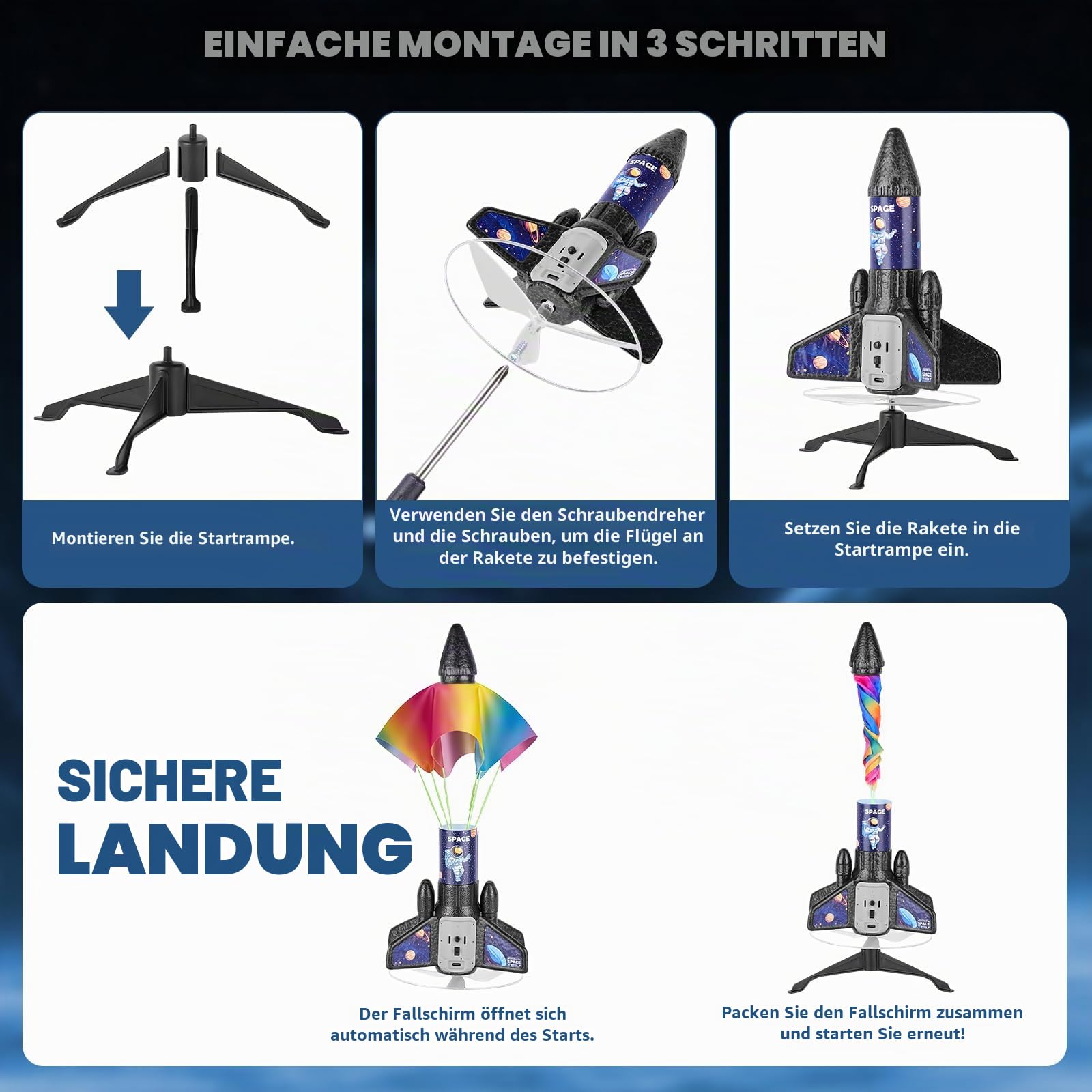 Raketenwerfer Kinder mit Fallschirm, Wiederaufladbare Elektrische Rakete mit Ladeanzeige, Einfach zu Bedienen Outdoor Spielzeug, Robustes EPP Material, für Kinder 7–10 Jahre (schwarz)