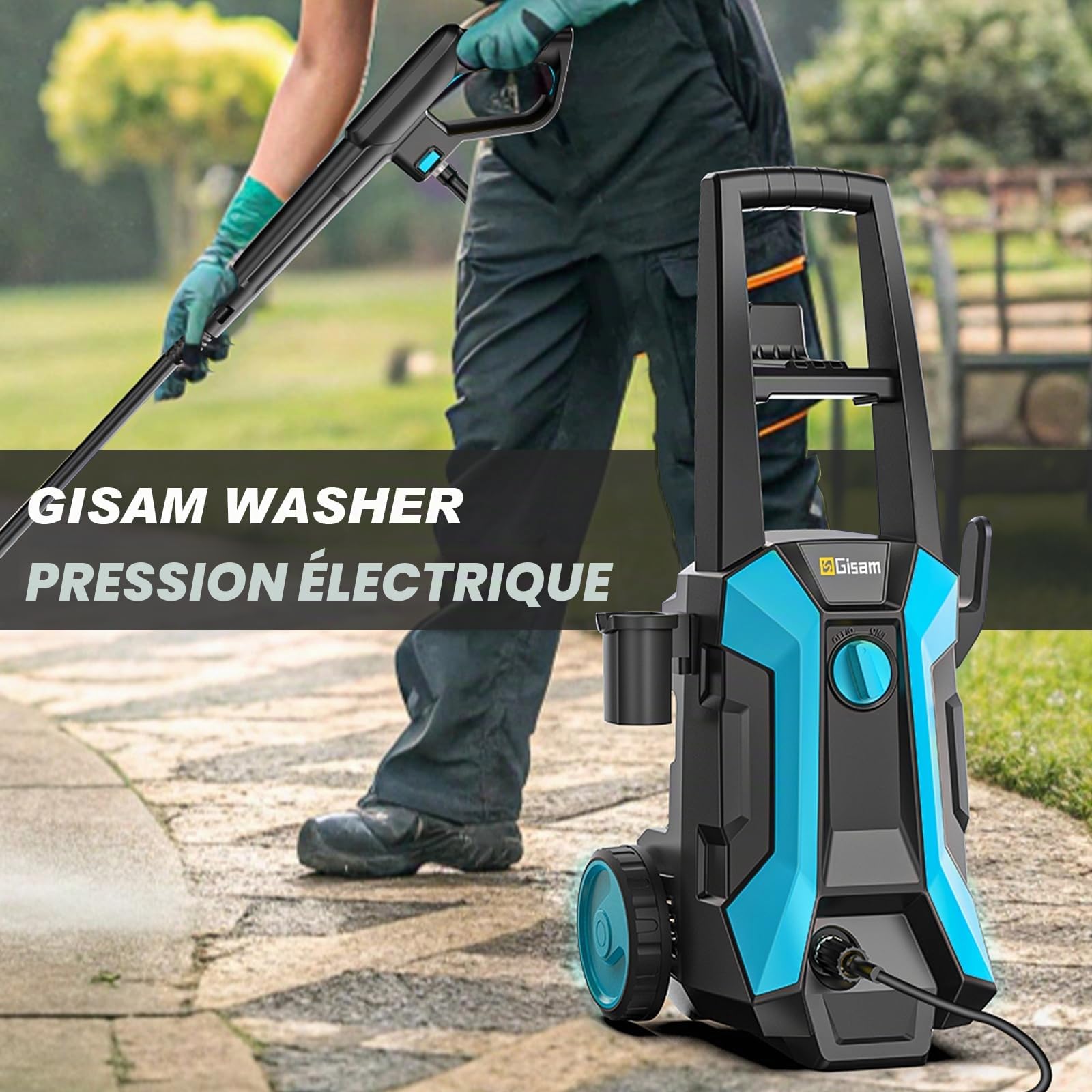 Gisam 2200W Nettoyeur Haute Pression, avec Enrouleur De Tuyau De 8m, Max 180bar,DéBit 480l/H,avec Bouteille De Savon Buse à Mousse, Pistolet Haute Pression pour, Voitures/ClôTures/Jardin