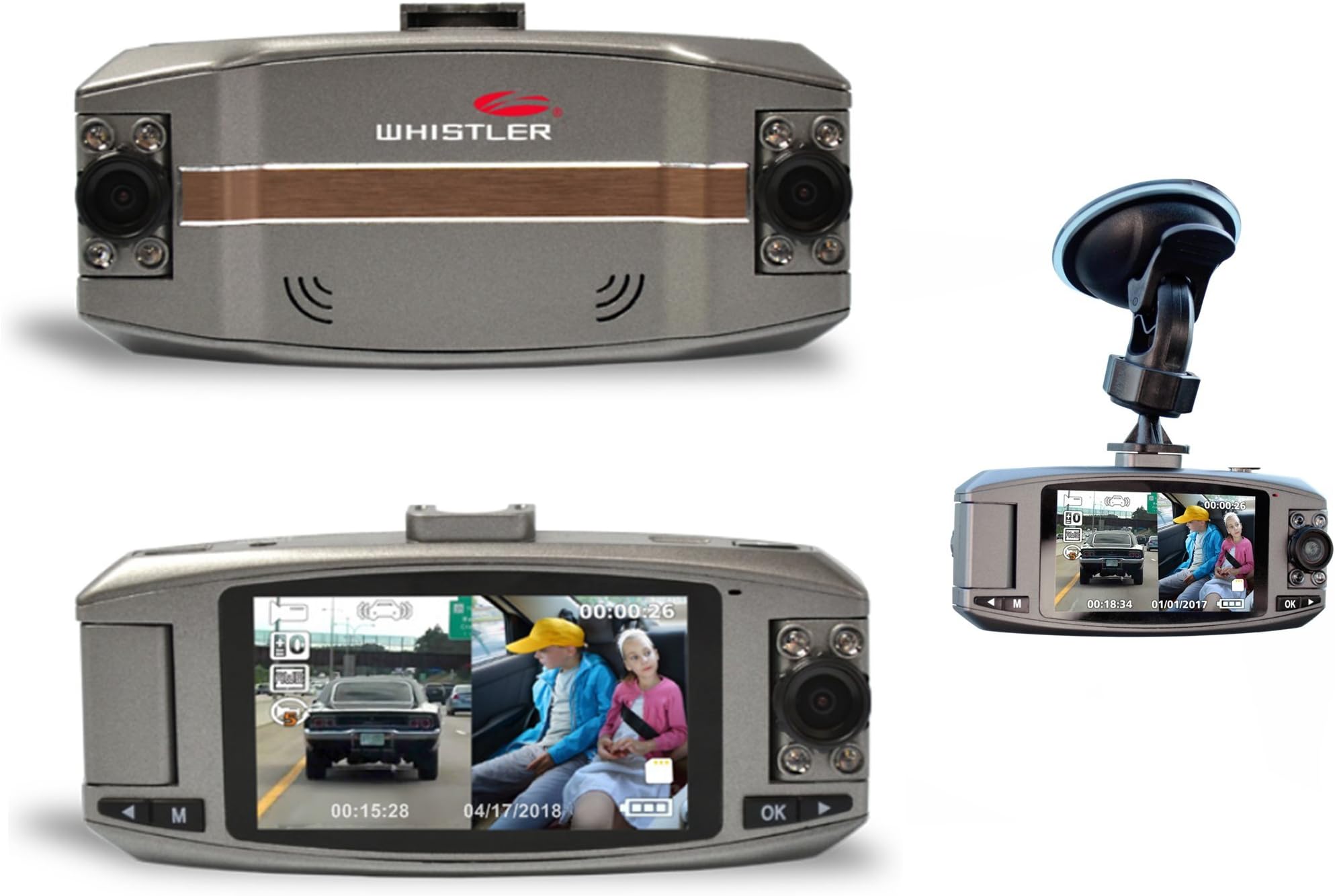 Whistler D2200 Dashboard Camera with FHD 1080P Dual Dash Cam Rotating Lens, 2.7" LCD Screen, G-Sensor, Parking Monitor, Motion Detection, and 120° Wide Angle View with Adjustable Zoom