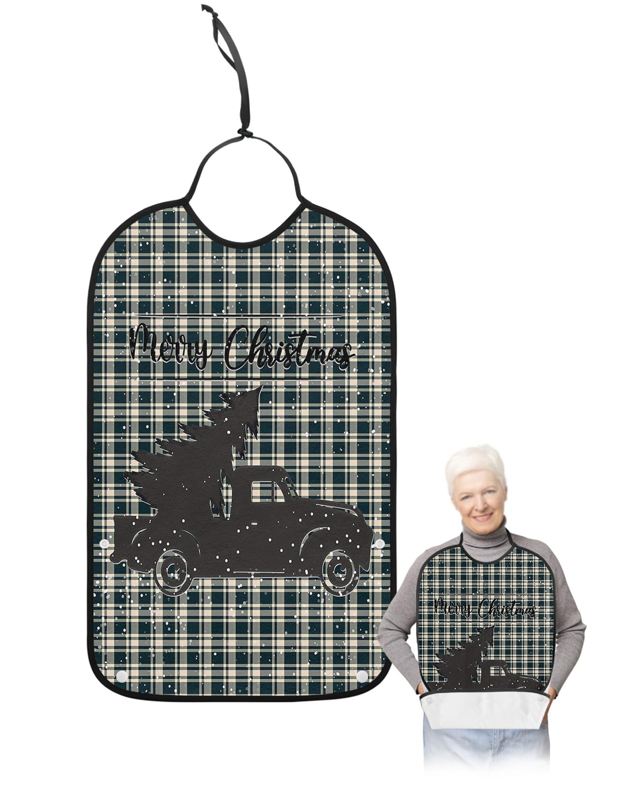LEOKOTI Christmas Adult Bibs for Eating, Waterproof Bibs with Food Catcher & Adjustable Snap Closure, Xmas Tree Truck Winter Snowflake Green Plaid Washable Clothing Protectors Adult Bibs for Elderly