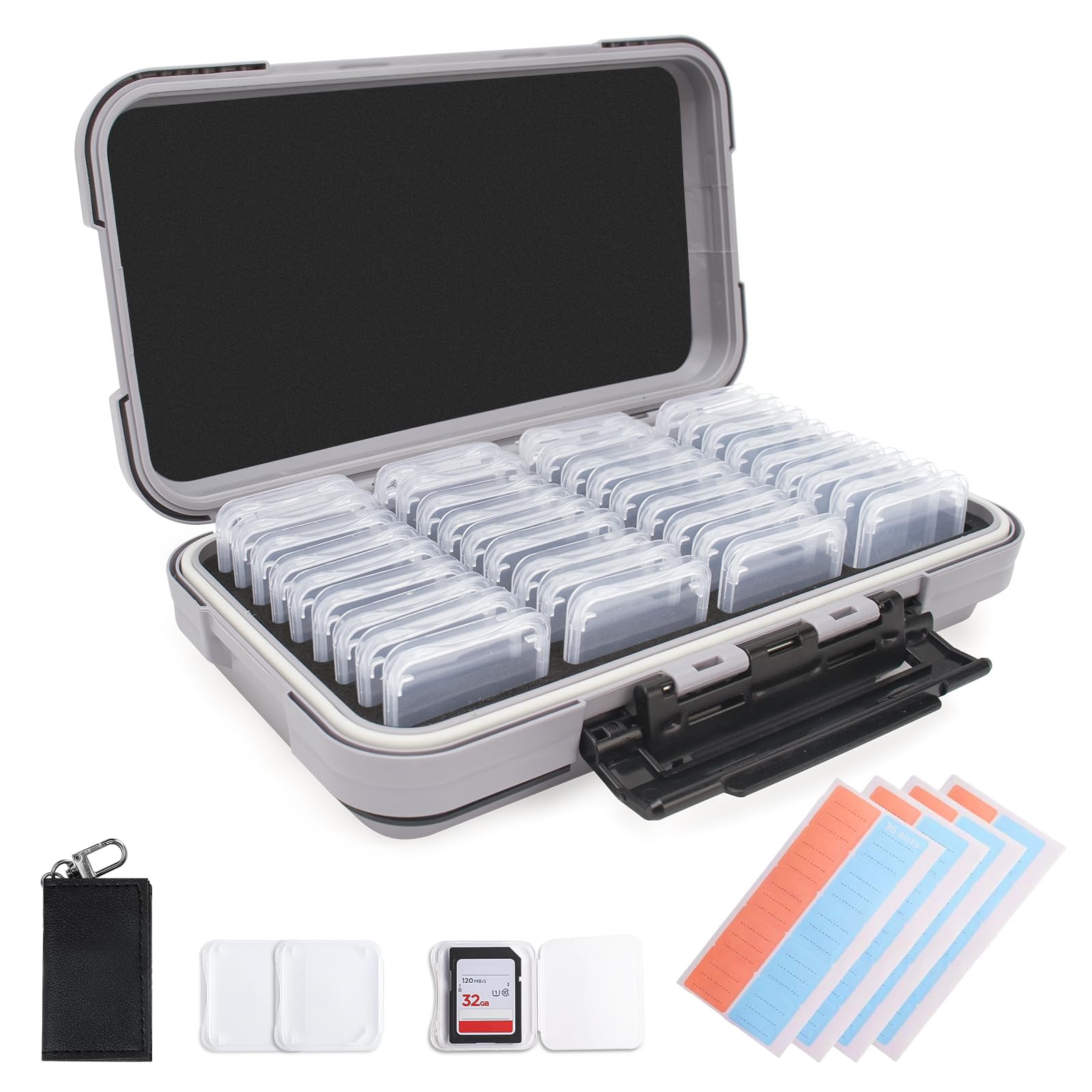 36-Slot SD Card Case with Clear Cases, Light Gray Organizer