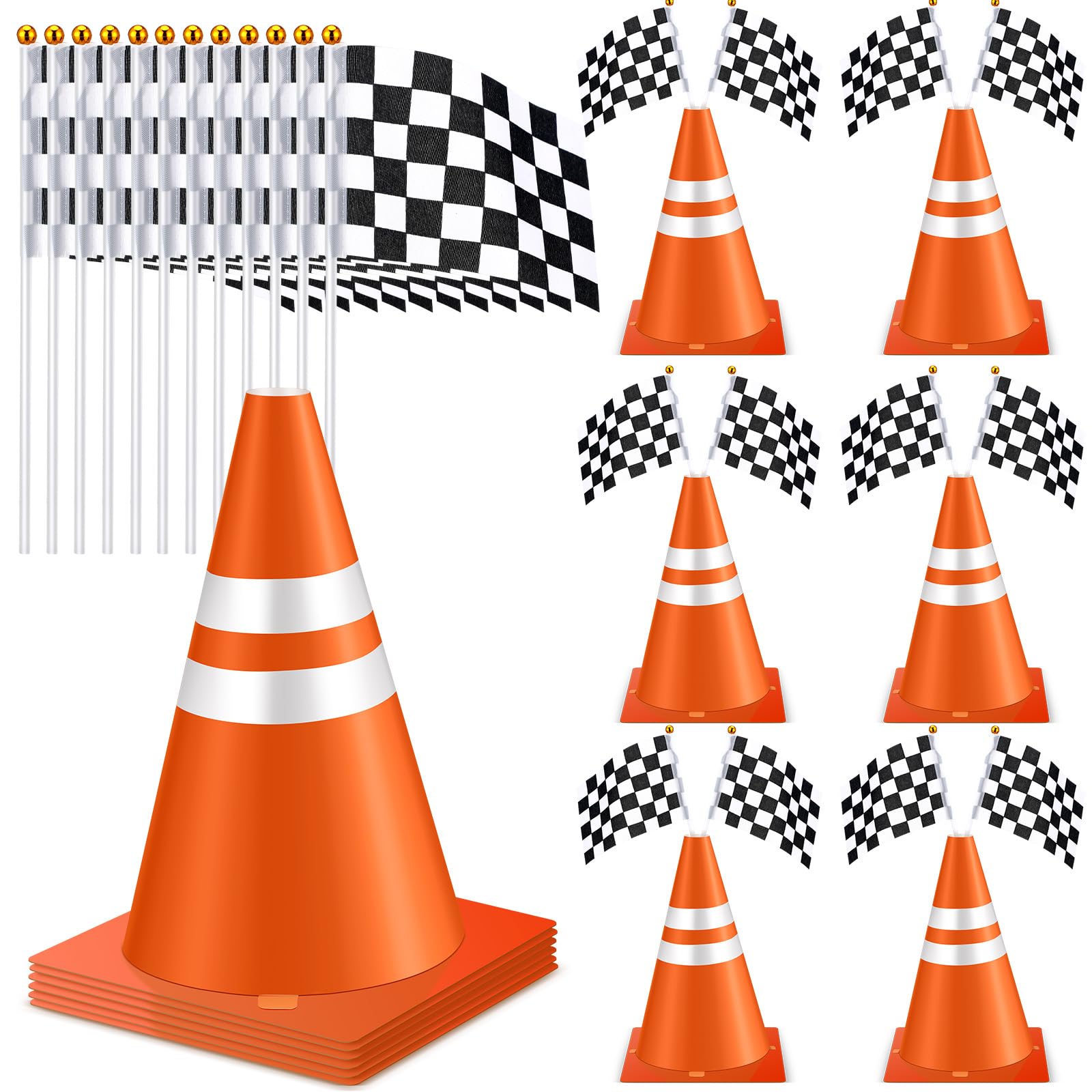Photo 1 of Bucherry 18 Pcs Traffic Cones and Racing Checkered Flags Black and White Flags on Sticks 12 Inch Paper Traffic Cones Racing Car Birthday Party Decorations Construction Checkered Party Favors Supplies