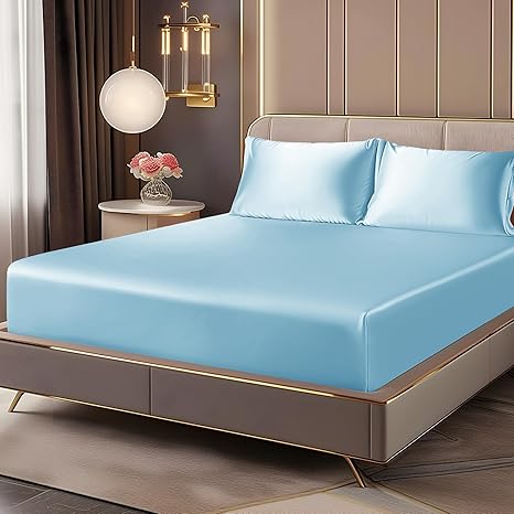 BEDELITE Satin Fitted Sheet and Pillowcase Set, Luxury Soft Similar to Silk Bottom Bedsheet with Elastic Corner Straps, Deep Pocket up to 15 Inch, 1 Fitted Sheet and 1 Pillowcase(Twin, Light Blue)