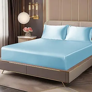 BEDELITE Satin Fitted Sheet and Pillowcase Set, Luxury Soft Similar to Silk Bottom Bedsheet with Elastic Corner Straps, Deep Pocket up to 15 Inch, 1 Fitted Sheet and 1 Pillowcase(Twin, Light Blue)
