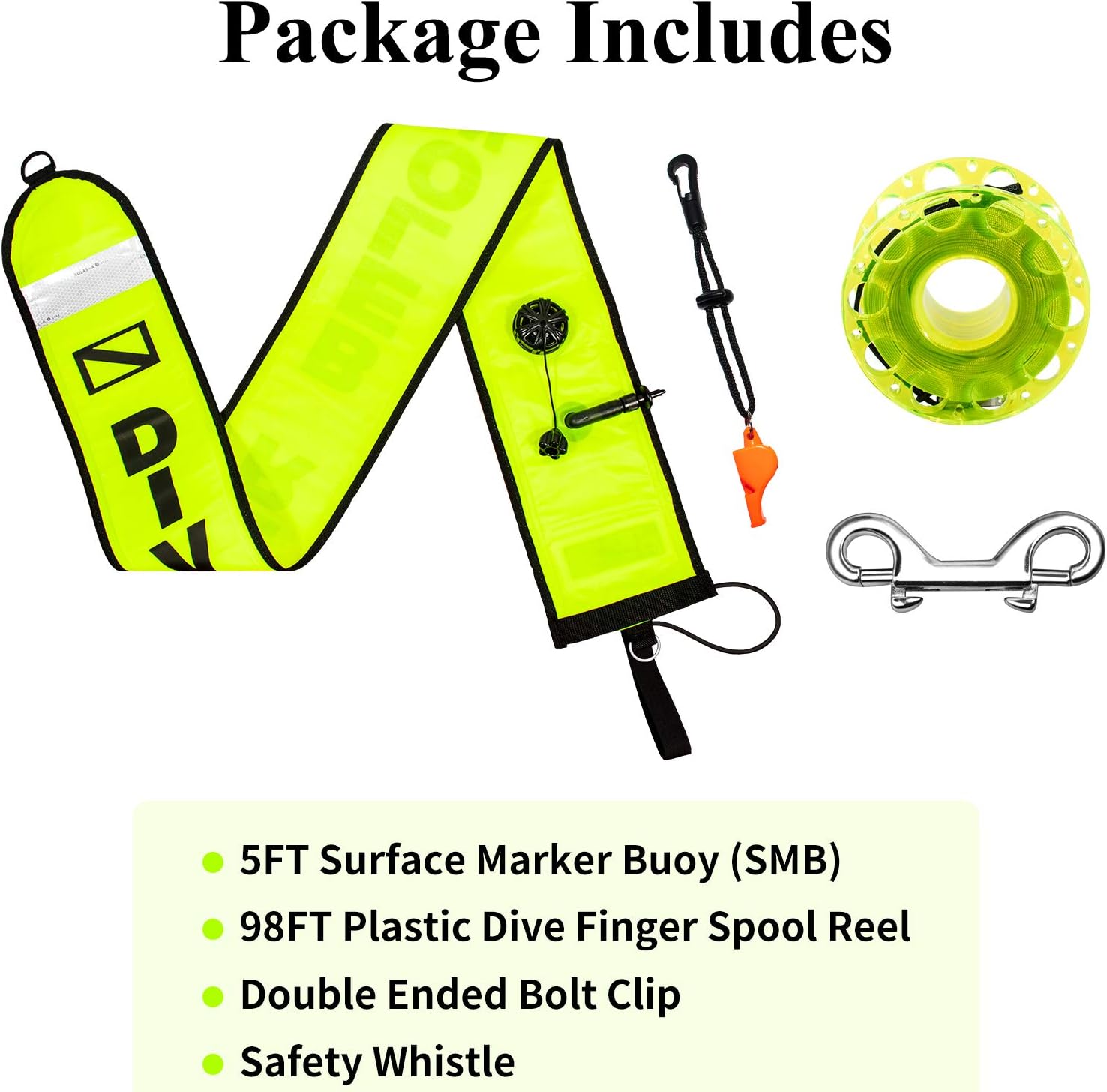 5ft Scuba Diving Surface Marker Buoy (SMB), Safety Sausage with Plastic 98ft Finger Spool Reel and Double Ended Hook Clip + Emergency Whistle for Underwater Diving