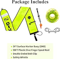 Vista 7 de Boya marcador de superficie de buceo de 5 pies (SMB), salchicha de seguridad con carrete de plástico de 98 pies y clip de gancho de doble extremo +