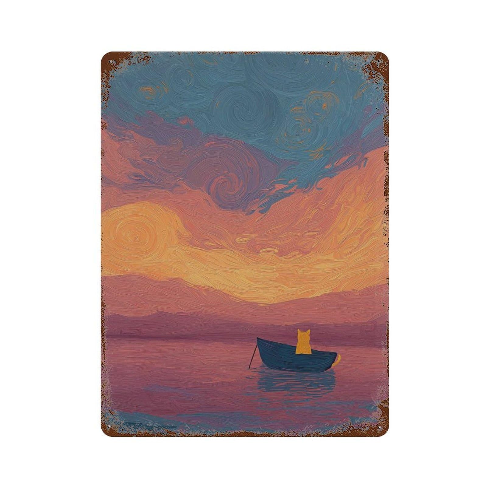 xiaoxiaoshen Starry Sunset Boat Van Gogh Inspired Cat Dreamy Ocean Whimsical Painting Tranqui Wall Decor Art Metal Tin Poster Modern Home Decor Art Home Bar Shop Decorations Vintage Sign 40x30cm