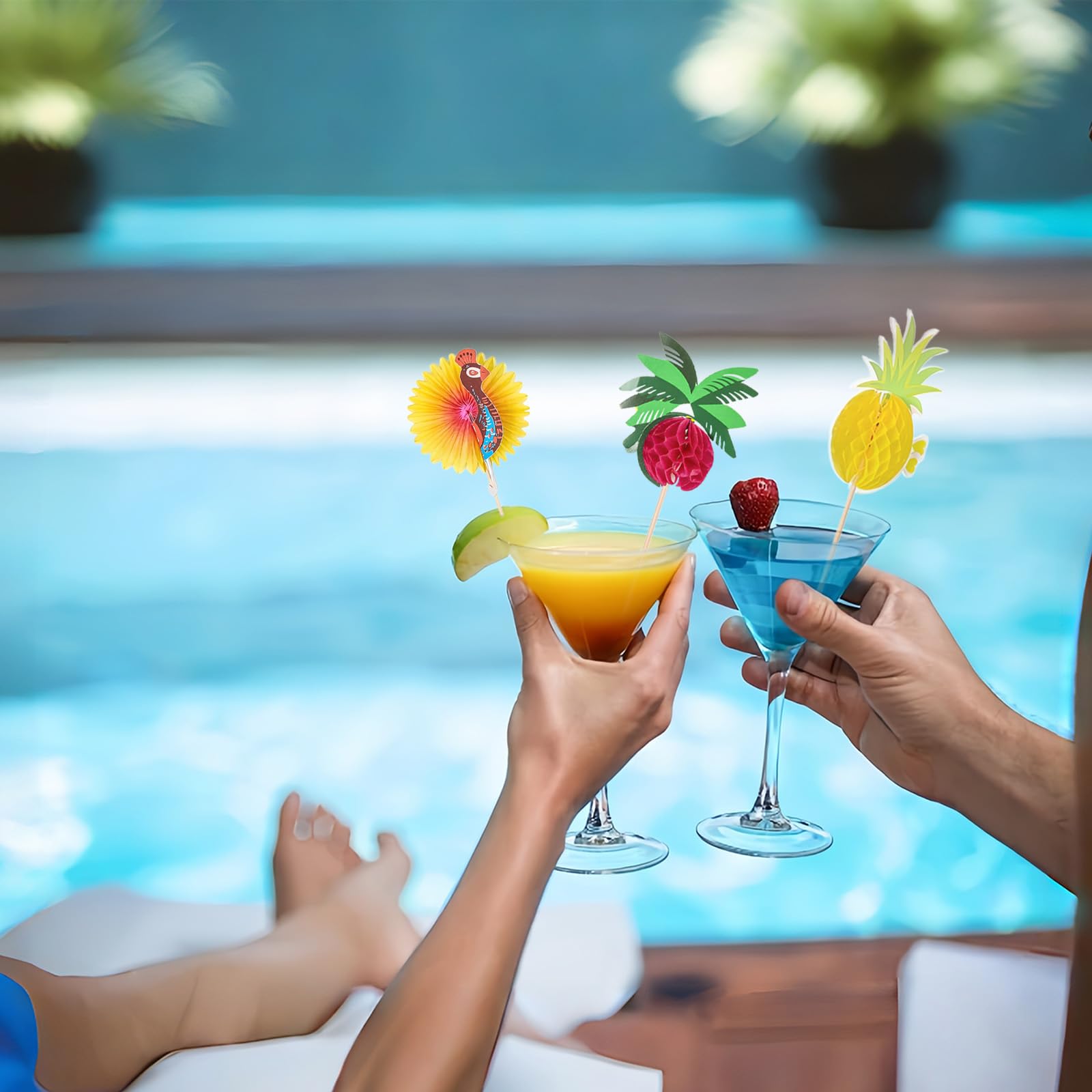 EKKONG 100 Pezzi Spiedini Cocktail in Legno, Decorazioni 3D Fenicottero Ananas Pavone Albero di Cocco, Spiedini Hawaiani per Feste Estive, Compleanni, Bar, Bevande, Torte, Cupcake (A)
