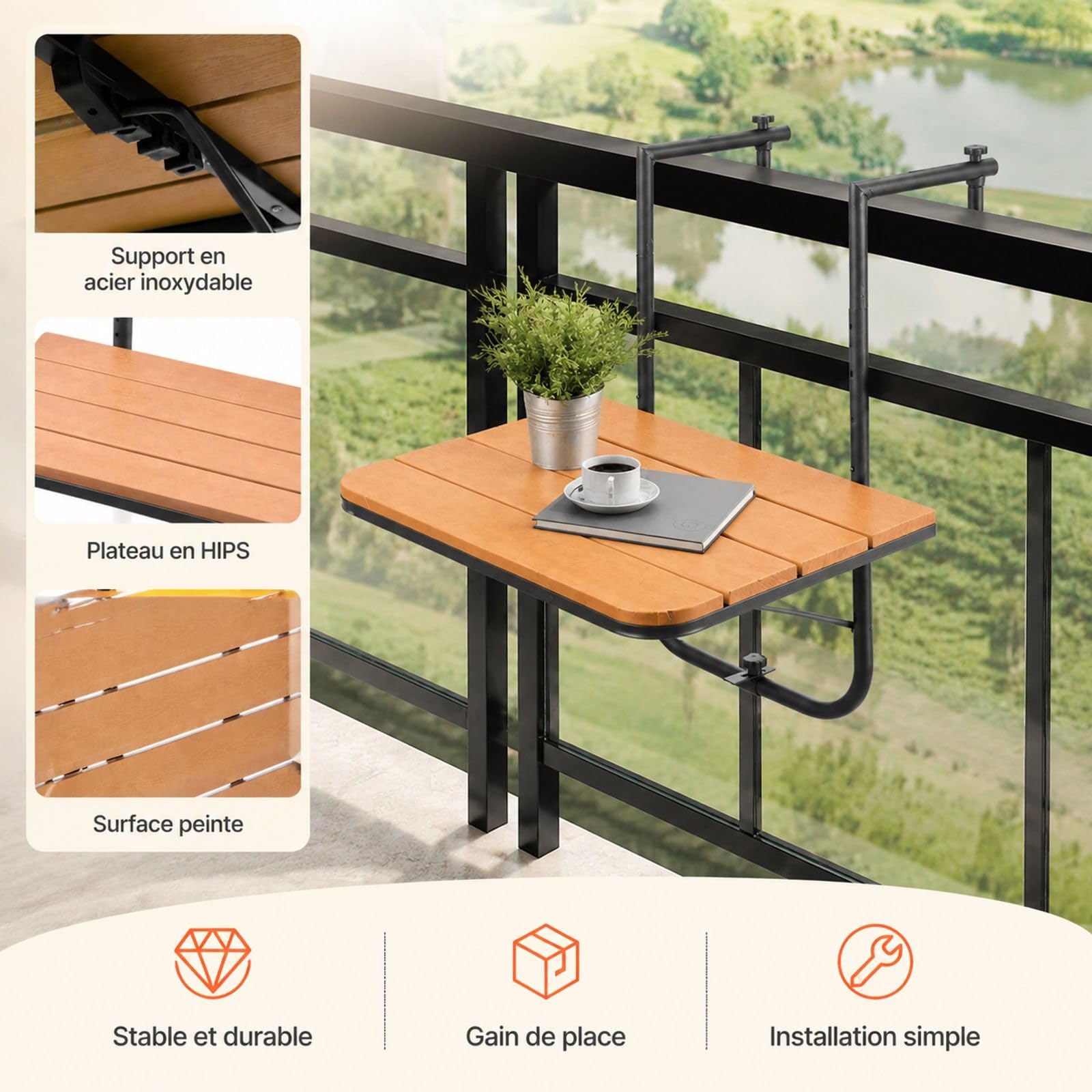 Table Suspendue pour Balcon avec Montage sur Balustrade, Table d’extérieur réglable pour Patio et terrasse