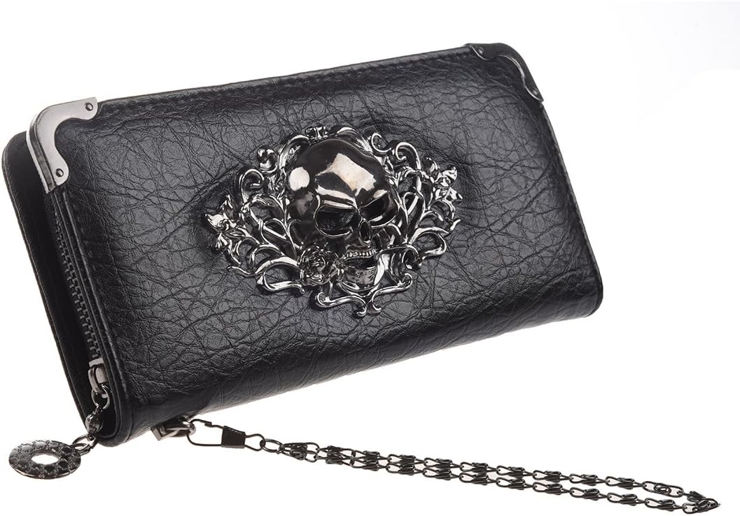 Skull Wallets for Women Zip Around Clutch with Credit Card Holder Phone Case Leather Long Goth Wallet Purse with Wristlet, Black
