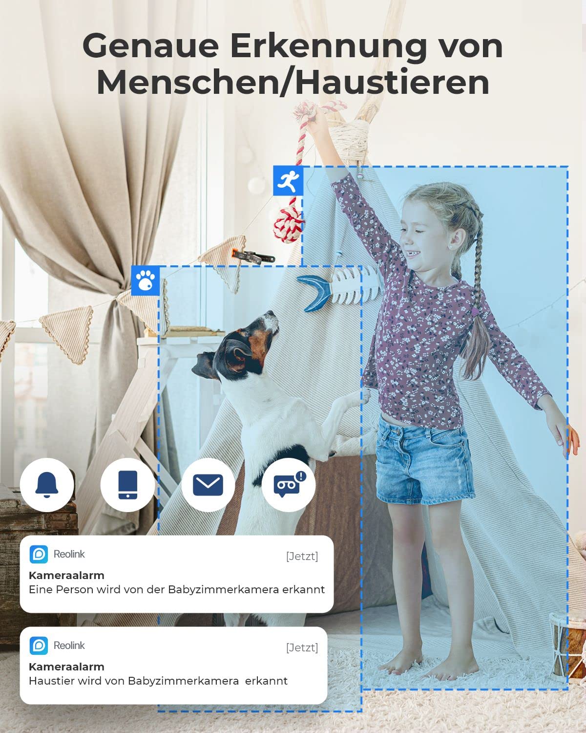 Reolink 2K WLAN Kamera Indoor, Hund Haustier Kamera Babyphone | 355° Schwenk & 50° Neigung, IR-Nachtsicht, 2-Wege-Audio, Baby Monitor mit Personen-/Haustiererkennung, E1 Schwarz