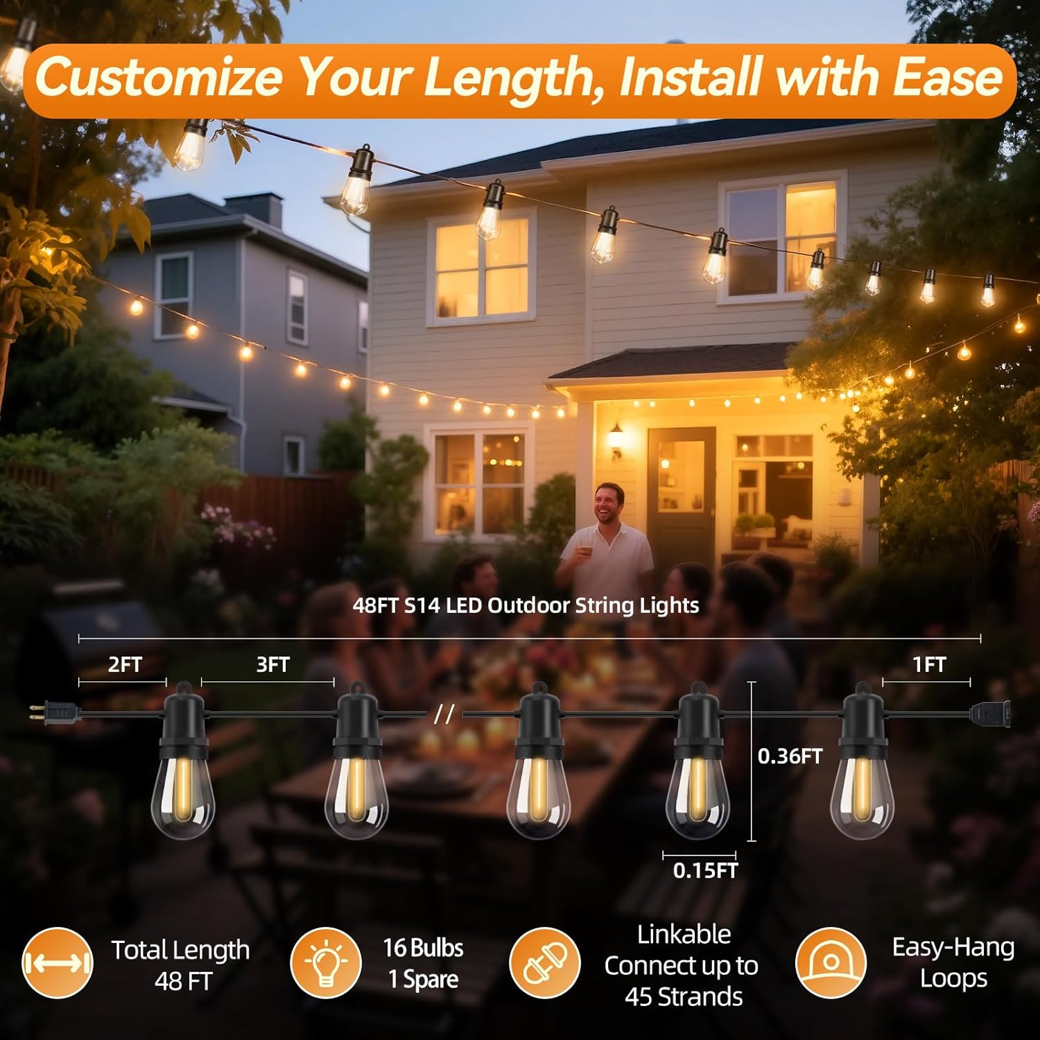 48FT LED Outdoor String Lights Dimmable Shatterproof S14 Edison Bulbs IP44 Weatherproof Commercial Grade for Patio Backyard Garden Party Décor