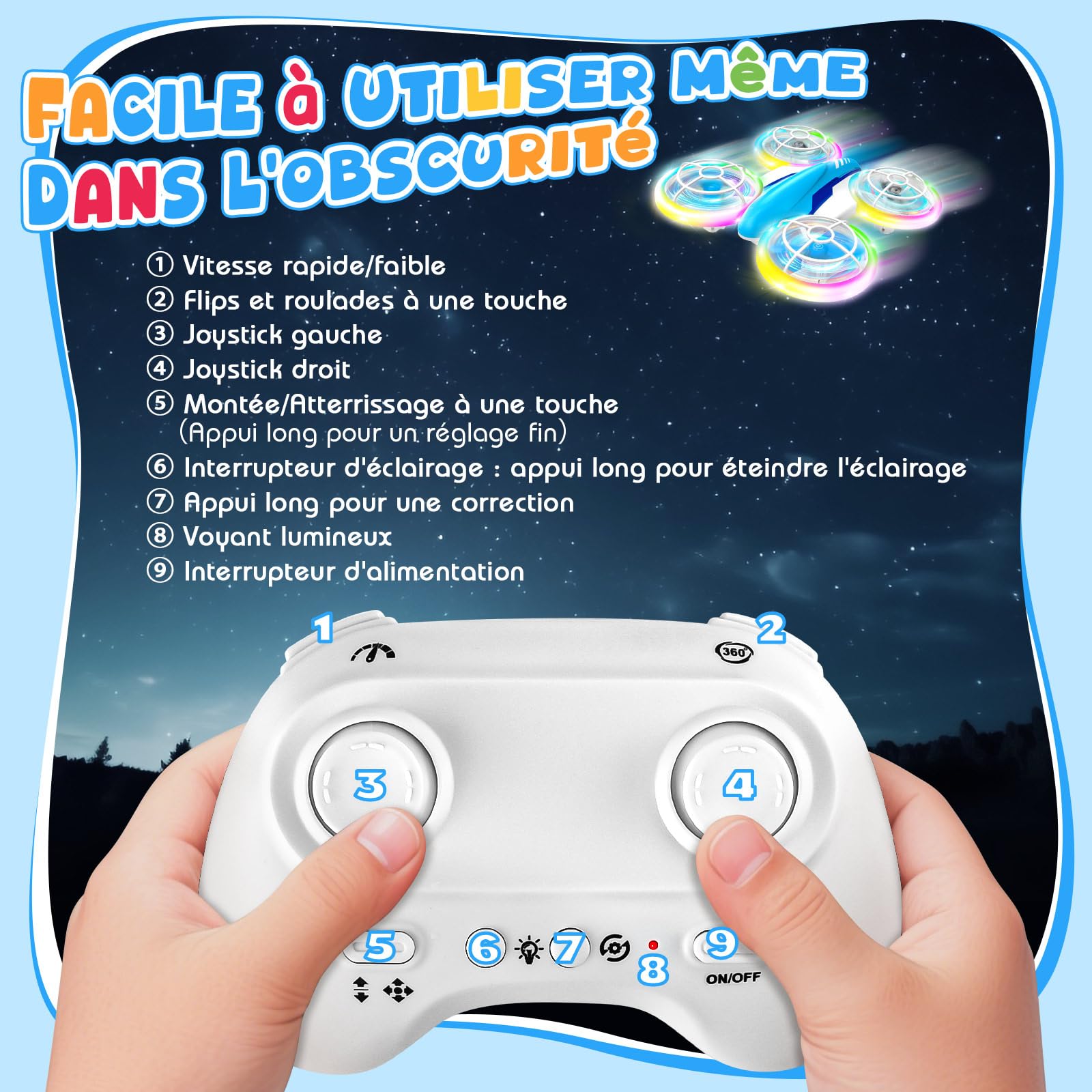 YIKANWEN Drone Enfant, Mini Drone Télécommandé de 6, 7, 8, 9, 10+ Ans, Jouet Avion avec Lumières LED et Piles, Cadeaux pour Garçons et Filles, Convient pour Usage Intérieur et Extérieur